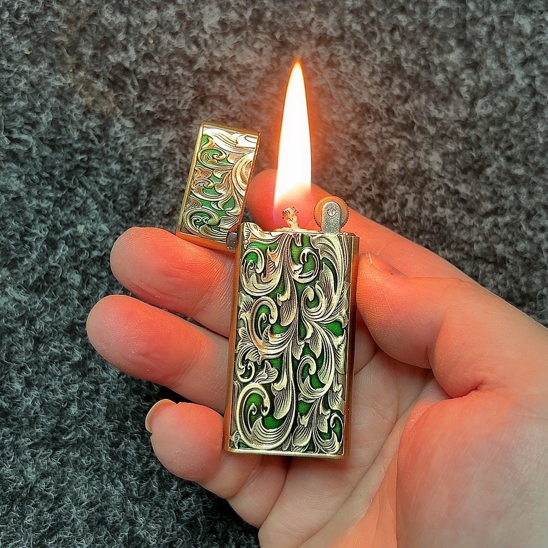 Vintage Slim Kerosene Lighter, Ornate Floral Engraved Metal, Refillable