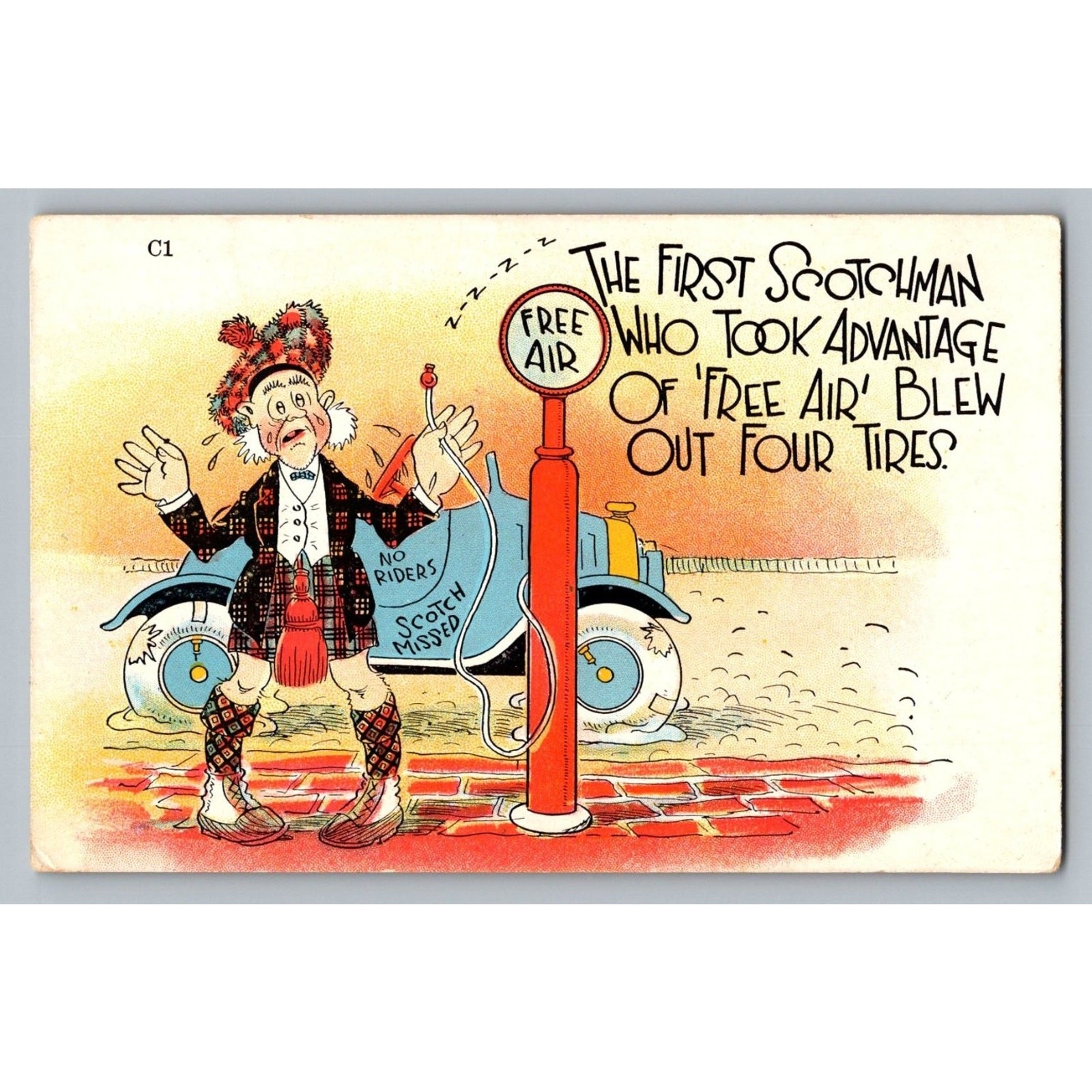 Humorous Scottish Kilt Man Car Free Air Cartoon Postcard M. Kashower Co. C1 Humorous Scottish Kilt Man Car Free Air Cartoon Postcard M. Kashower Co. C1
