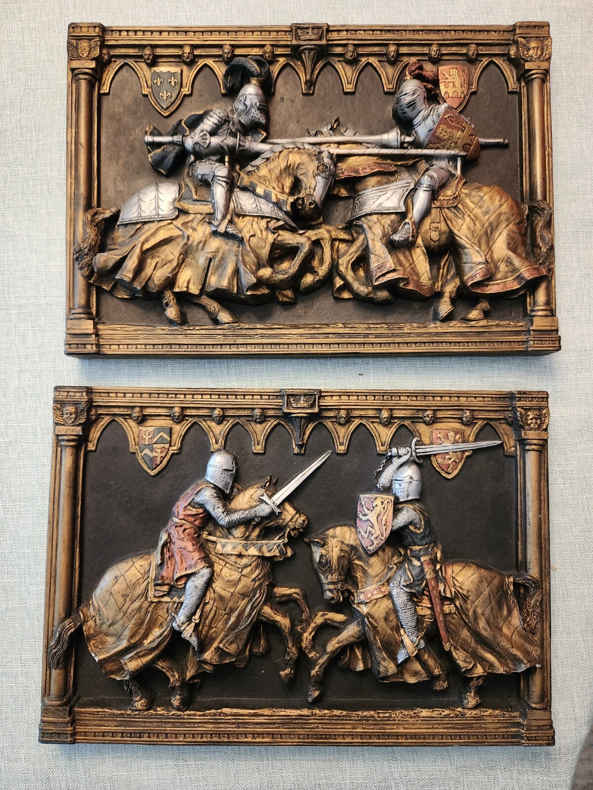 Lot of 2: Vintage Marcus Designs Jousting Knight Plaques by D. M. Morton