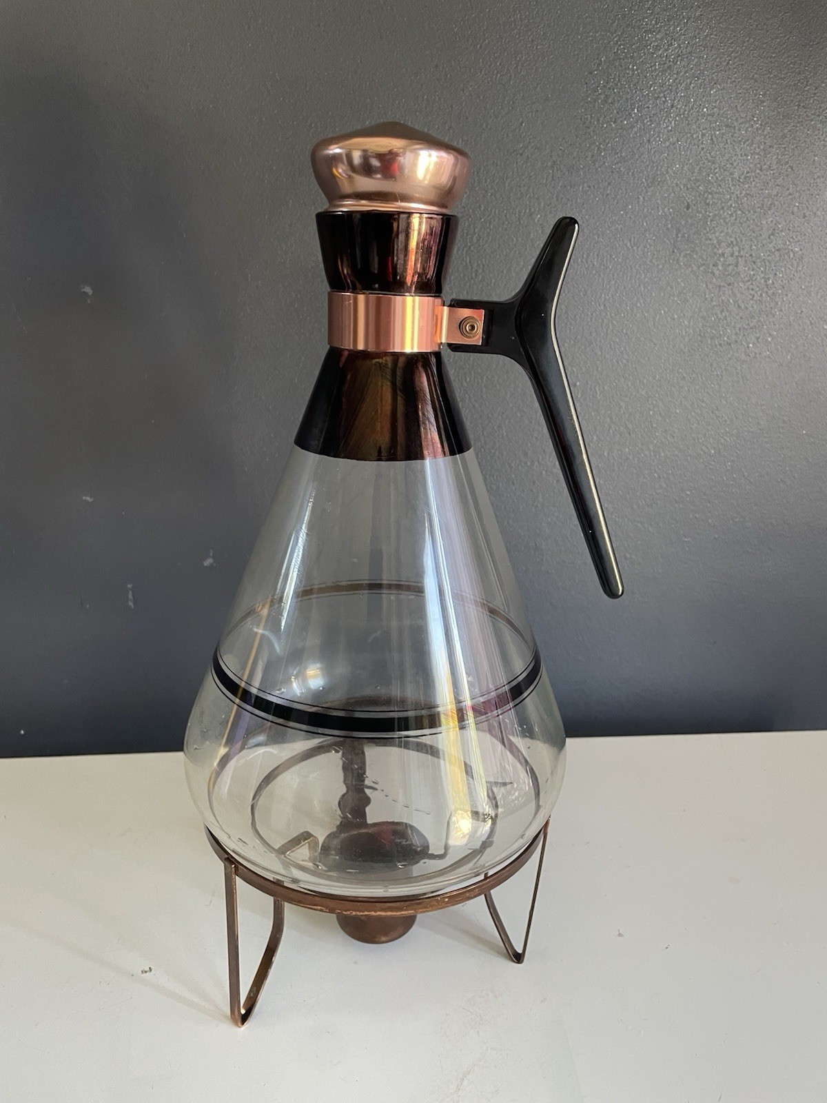 Vintage MCM Glass Coffee Carafe Copper Warmer Stand Black Handle Atomic Retro