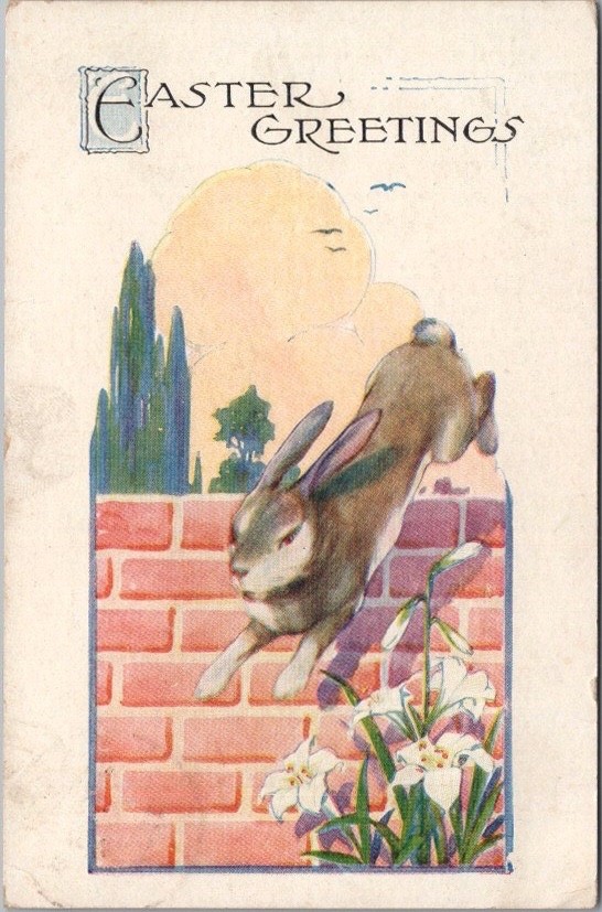 Vintage EASTER GREETINGS Postcard Rabbit Leaping Over Brick Wall - 1925 Cancel