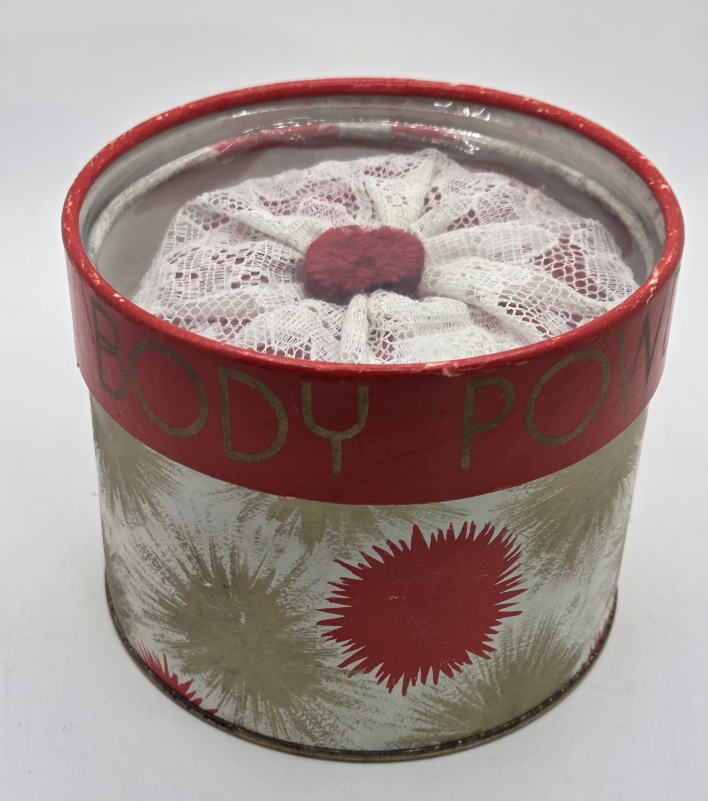 Vintage 60s-70s Milady Pom Pom Powder Spice 8 Oz Dusting Powder Tin w/ Puff NOS