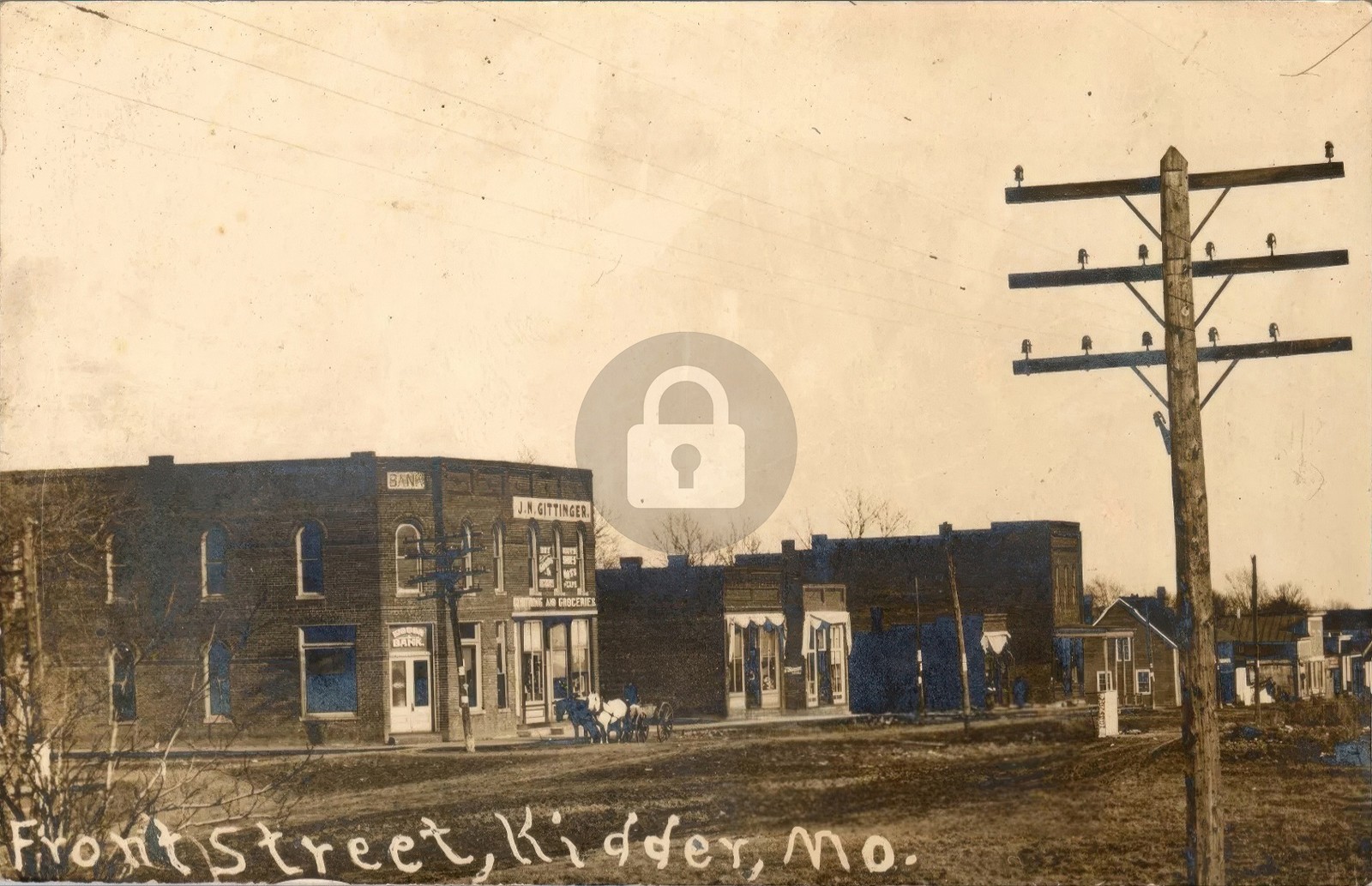 c1907 Kidder MO Bank Gittinger Clothing & Groceries RPPC Photo Postcard Copy