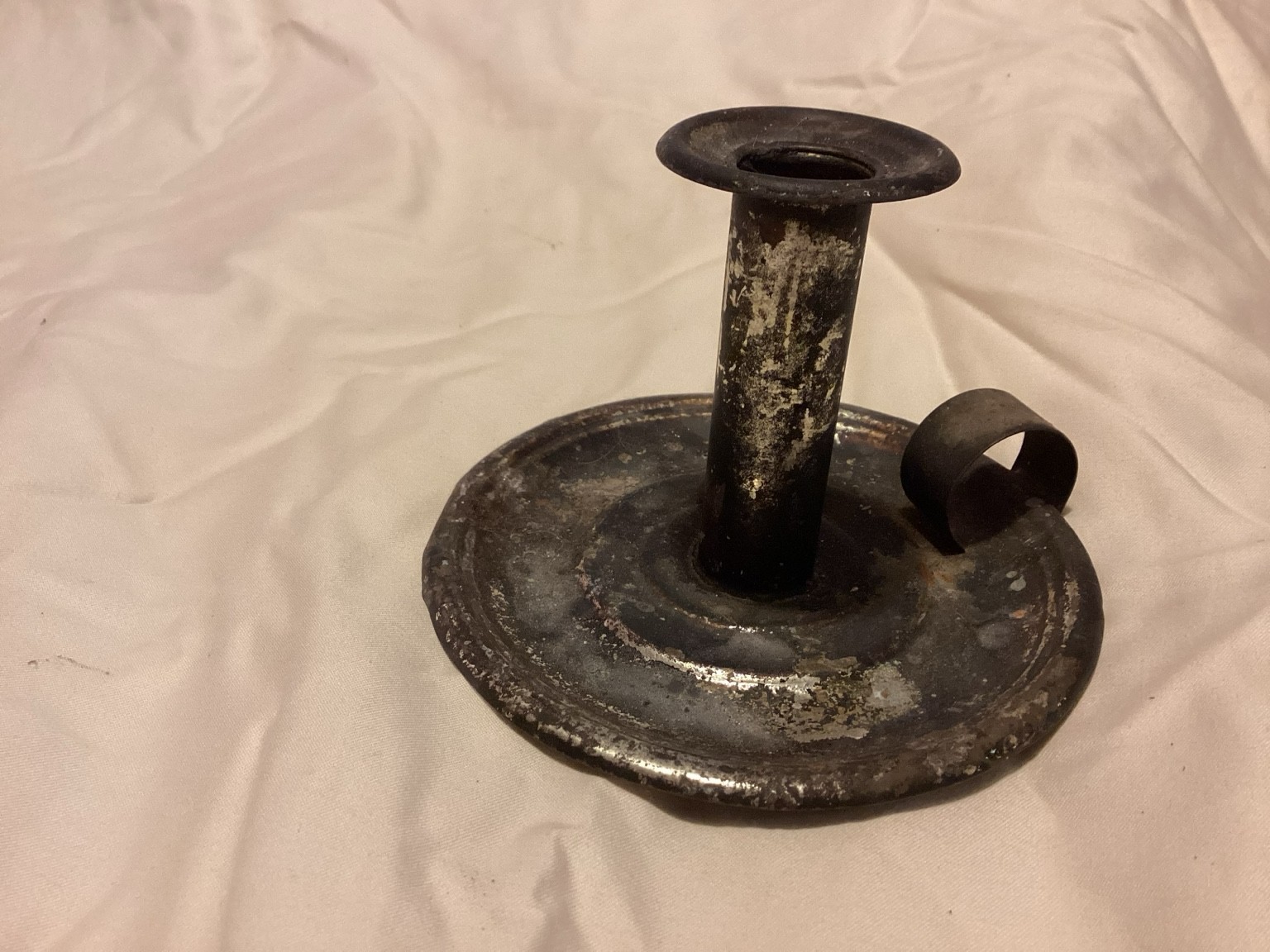 Antique 19th C Tin Push-Up Chamberstick Candle Holder Finger Loop Primitive