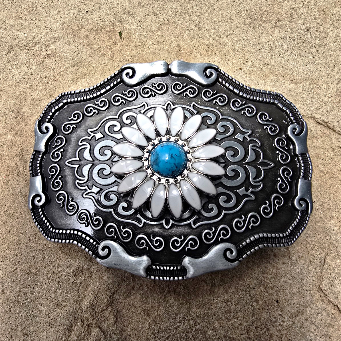 Western womens Belt Buckle Turquoise & White flower Ornate Silver Design