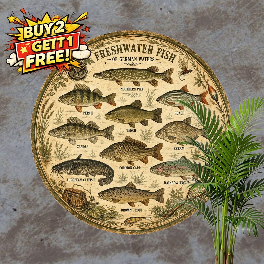 Freshwater Fish Species Guide Round Metal Sign Retro Wall Decor 8x8