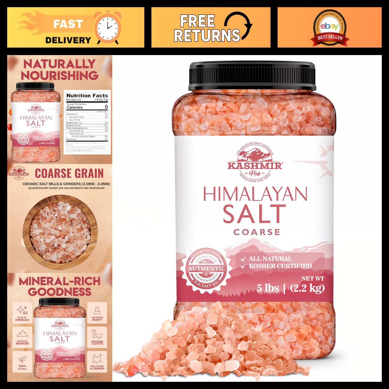 LA SALT CO Kashmir 5 Lbs Pink Himalayan Salt Bulk Jar, Coarse | 100% Pure, Food