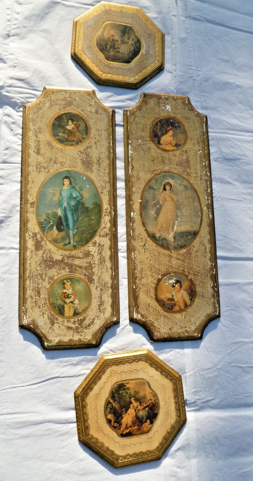 Set of 4 Vintage Italian Florentine Wall Gold-Gilt Wood Plaques Blue Boy Pinkie Set of 4 Vintage Italian Florentine Wall Gold-Gilt Wood Plaques Blue Boy Pinkie