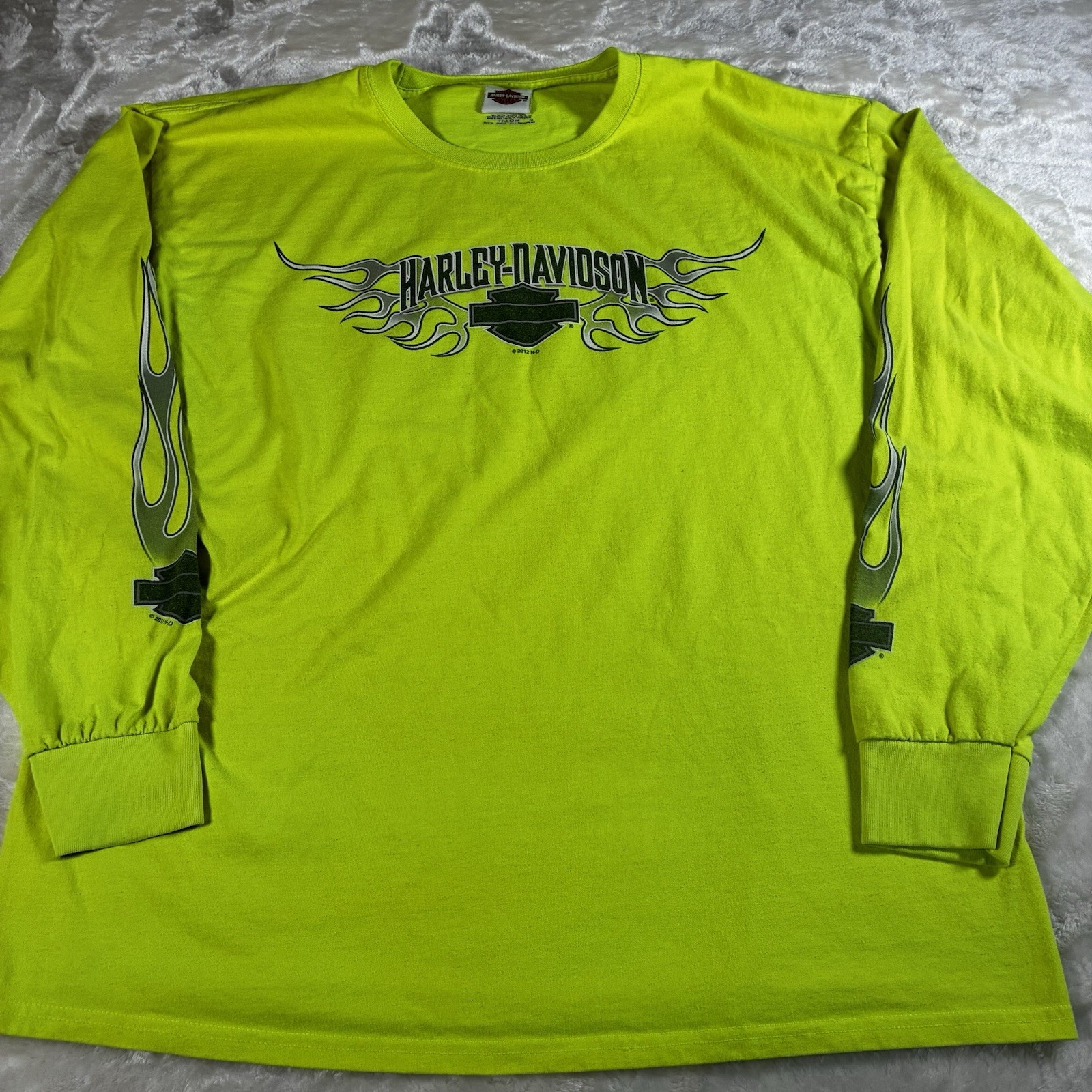 Harley Davidson 2012 Neon Yellow Long Sleeve Shirt XL Flames Frieze O’Fallon ILL Harley Davidson 2012 Neon Yellow Long Sleeve Shirt XL Flames Frieze O’Fallon ILL