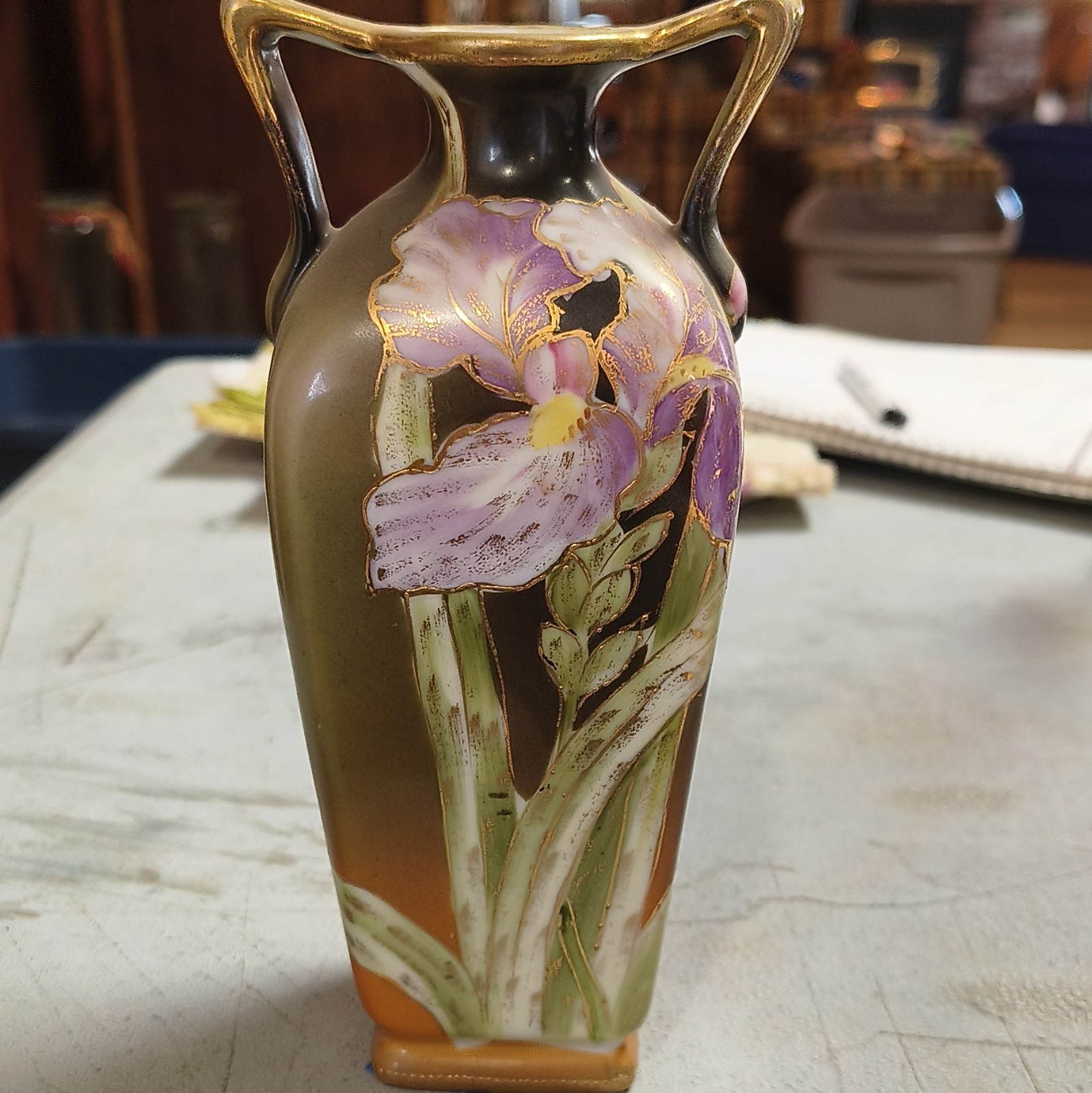 Nippon Japanese Hand Painted Handmade Double Handle Iris Floral Vase Gold Trim Nippon Japanese Hand Painted Handmade Double Handle Iris Floral Vase Gold Trim