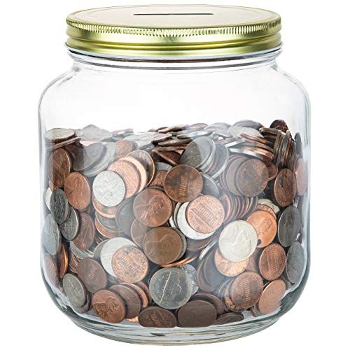 Large Coin Bank Jar with Slotted Gold Lid Holds Over $1,450 in Coins- Used for Large Coin Bank Jar with Slotted Gold Lid Holds Over $1,450 in Coins- Used for