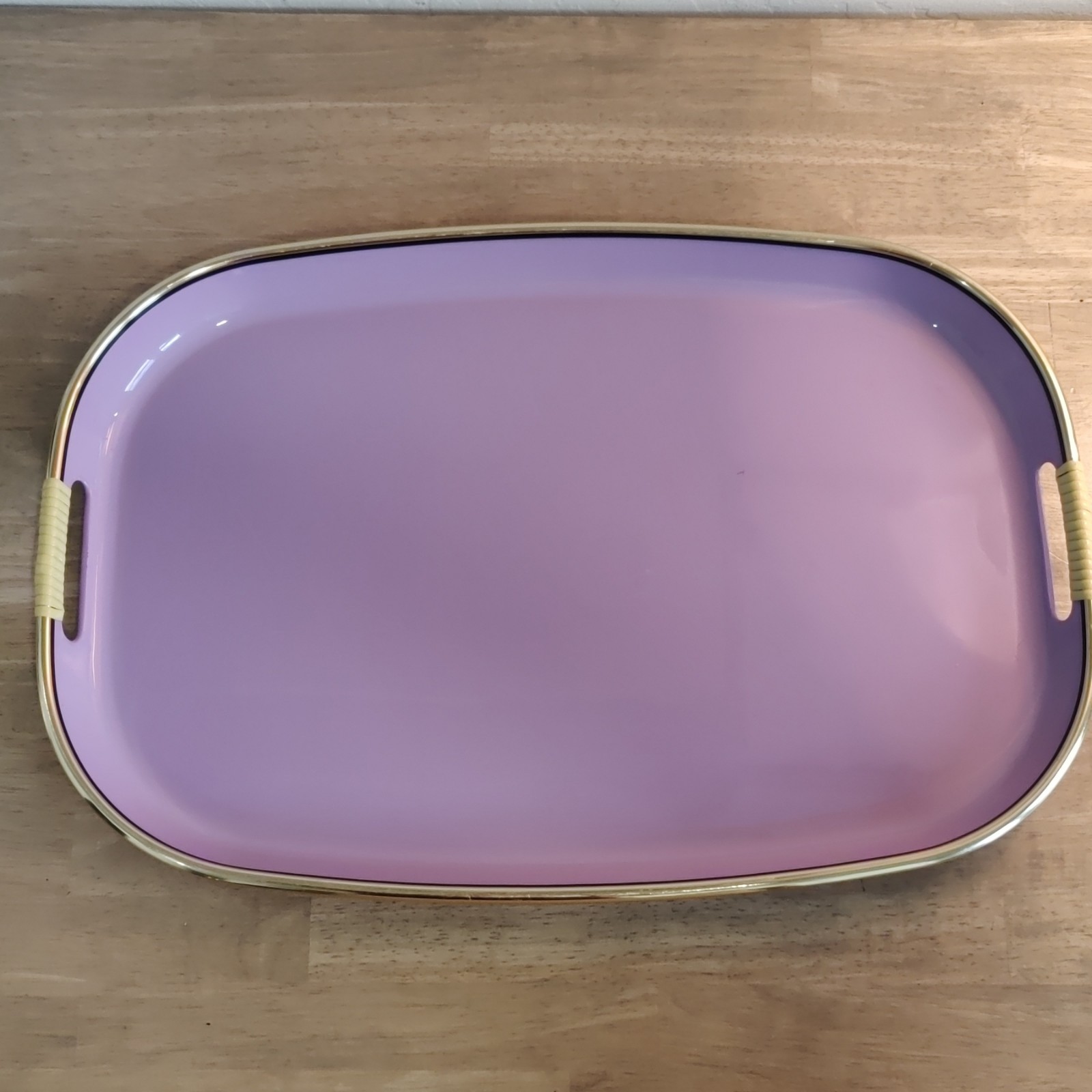 VTG Toyo Japan RARE PURPLE Lacquer Serving Tray Retro Rattan Cord Handles MCM