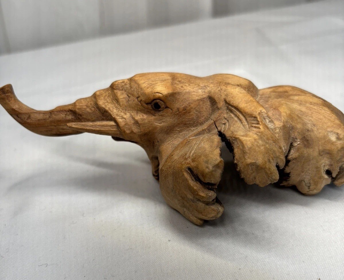 Vintage Wood Art Elephant Head Sculpture 6” Hand Carved