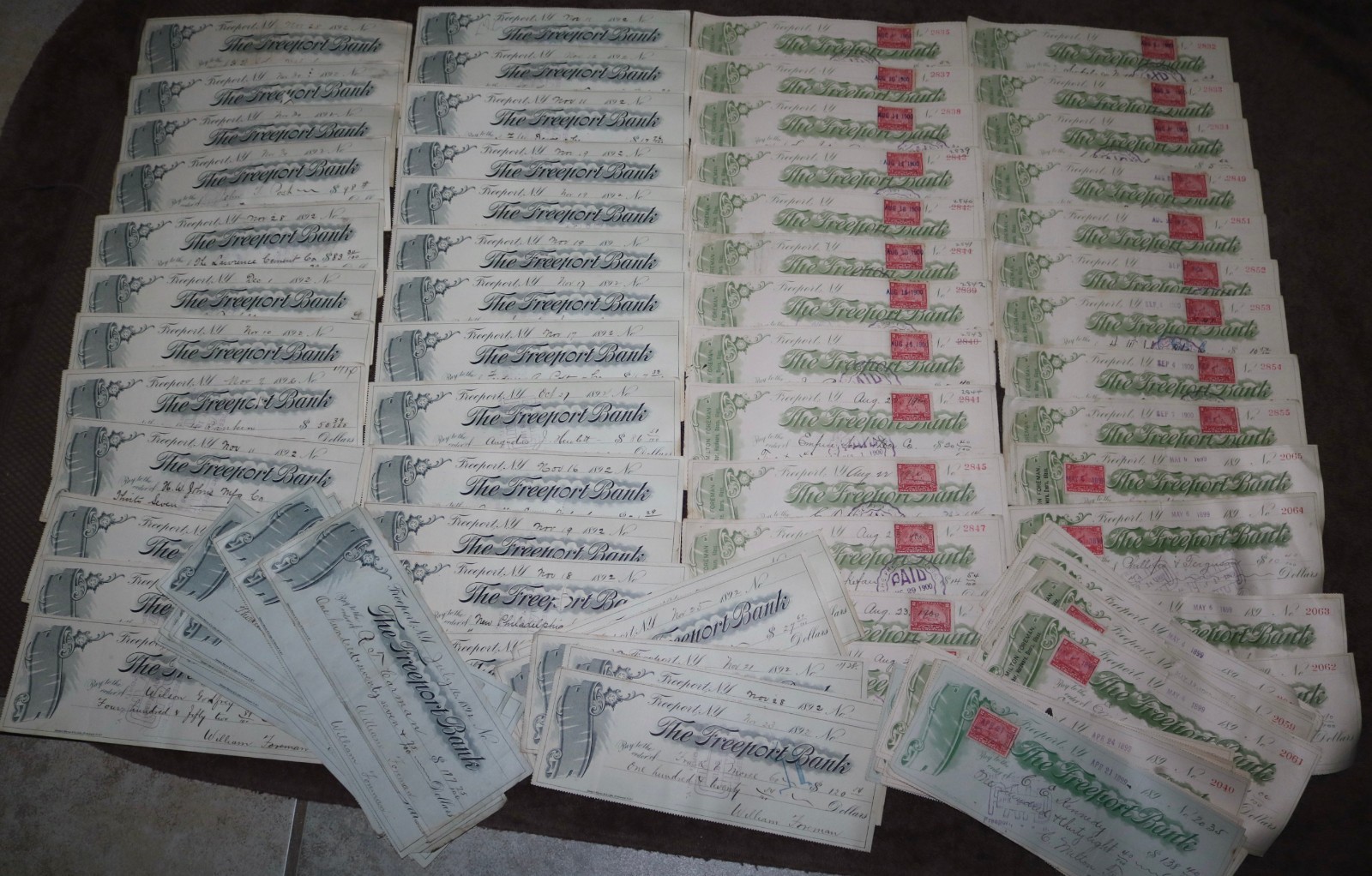 ANTIQUE 1893-1900 LOT OF 100+ BANK CHECKS FREEPORT BANK LI NY FOREMANS LUMBER