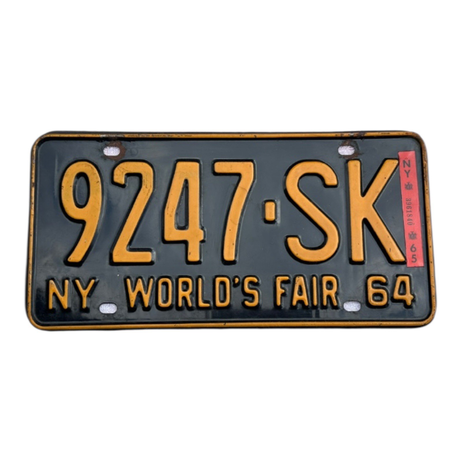 Vintage New York 1964 1965 Auto License Plate 9247SK World\'s Fair Pub Wall Decor
