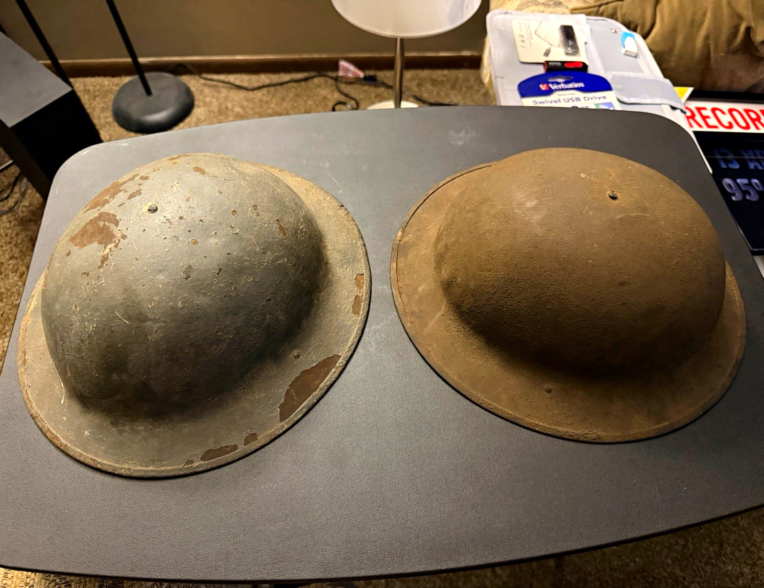Original WWI British Brodie-Style Steel Helmets Lot of 2 Brown & Green Original WWI British Brodie-Style Steel Helmets Lot of 2 Brown & Green