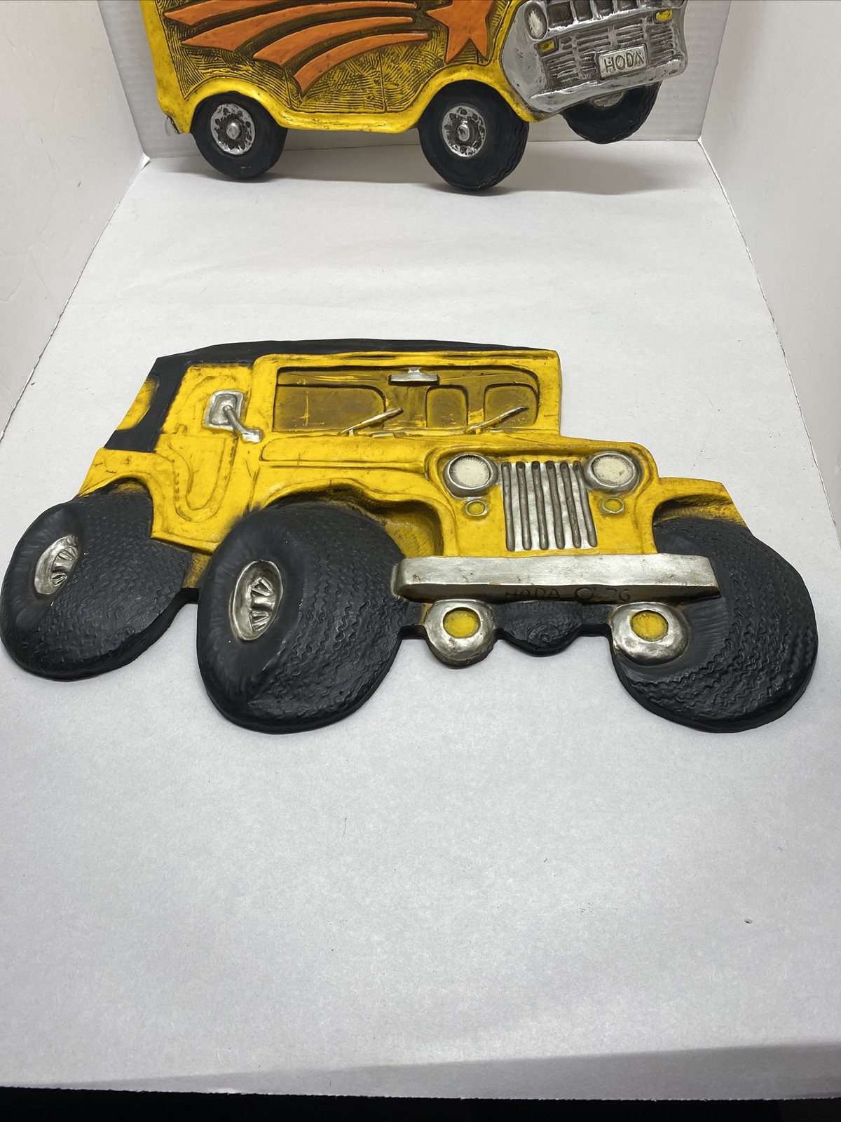 Vintage Hoda 1976 Yellow Jeep Wall Plaque 16” Retro Lifted Art Collectible Rare