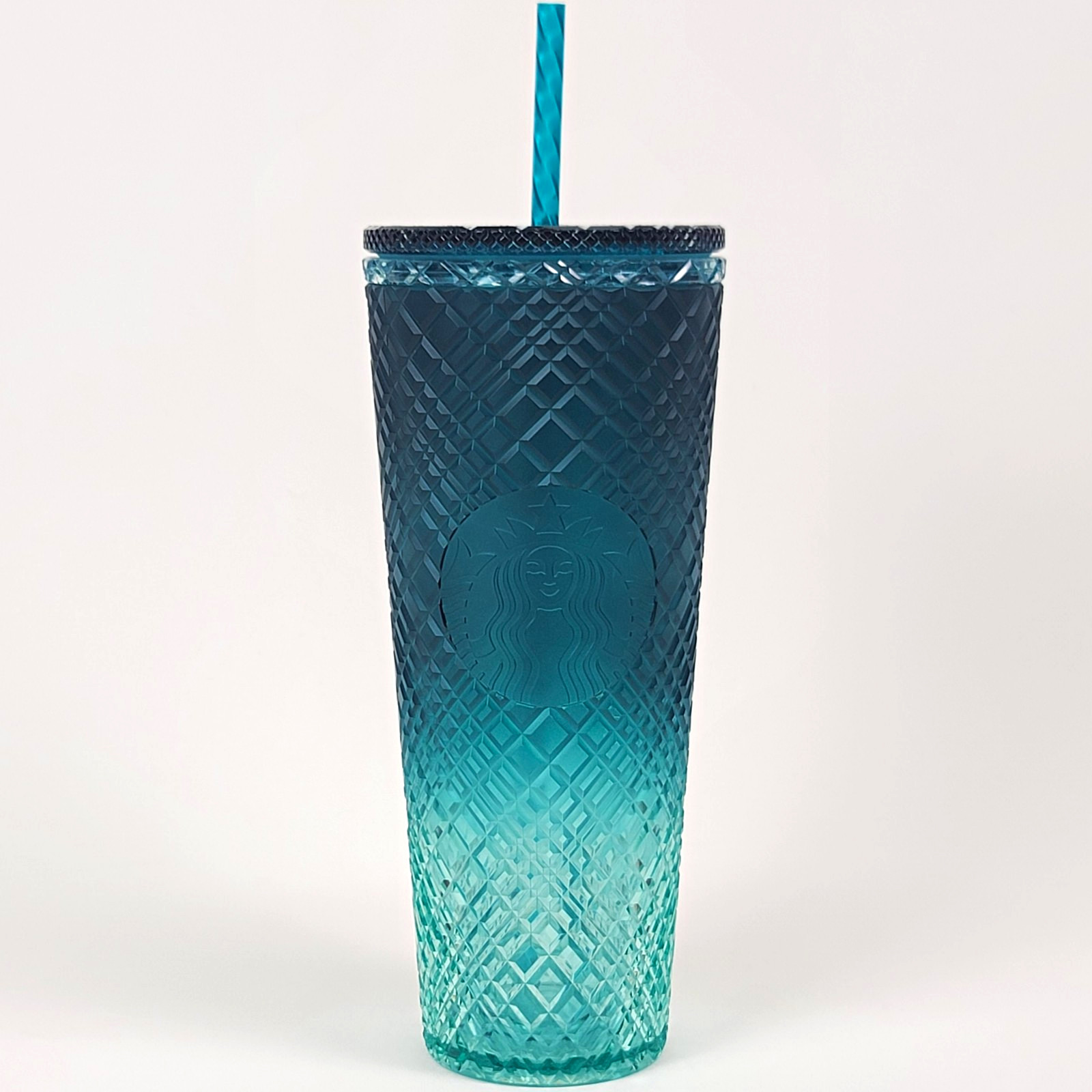 Starbucks 2021 Teal Blue Ombre Diamond Grid Venti Tumbler 24oz Cold Cup w/ Straw