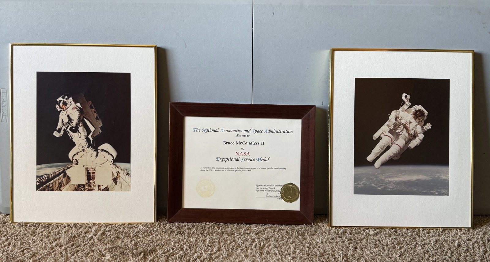 Bruce McCandless NASA Exceptional Service Award & Pair of MMU Spacewalk Photos