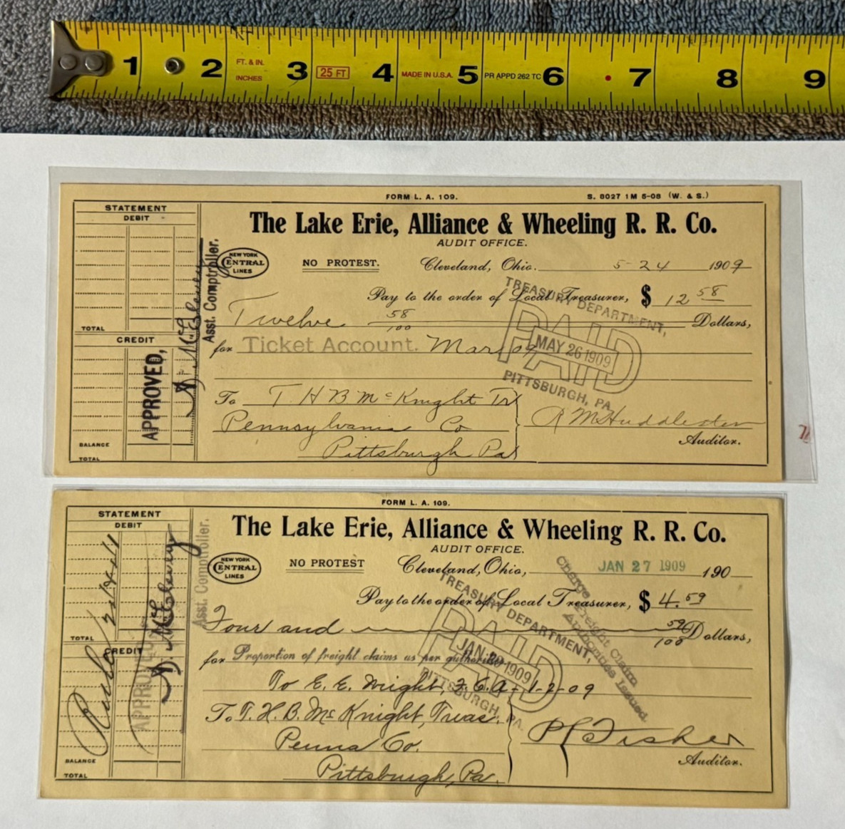2 Vintage 1909 Checks - Lake Erie, Alliance & Wheeling Railroad Co. (Ohio & WV) 2 Vintage 1909 Checks - Lake Erie, Alliance & Wheeling Railroad Co. (Ohio & WV)