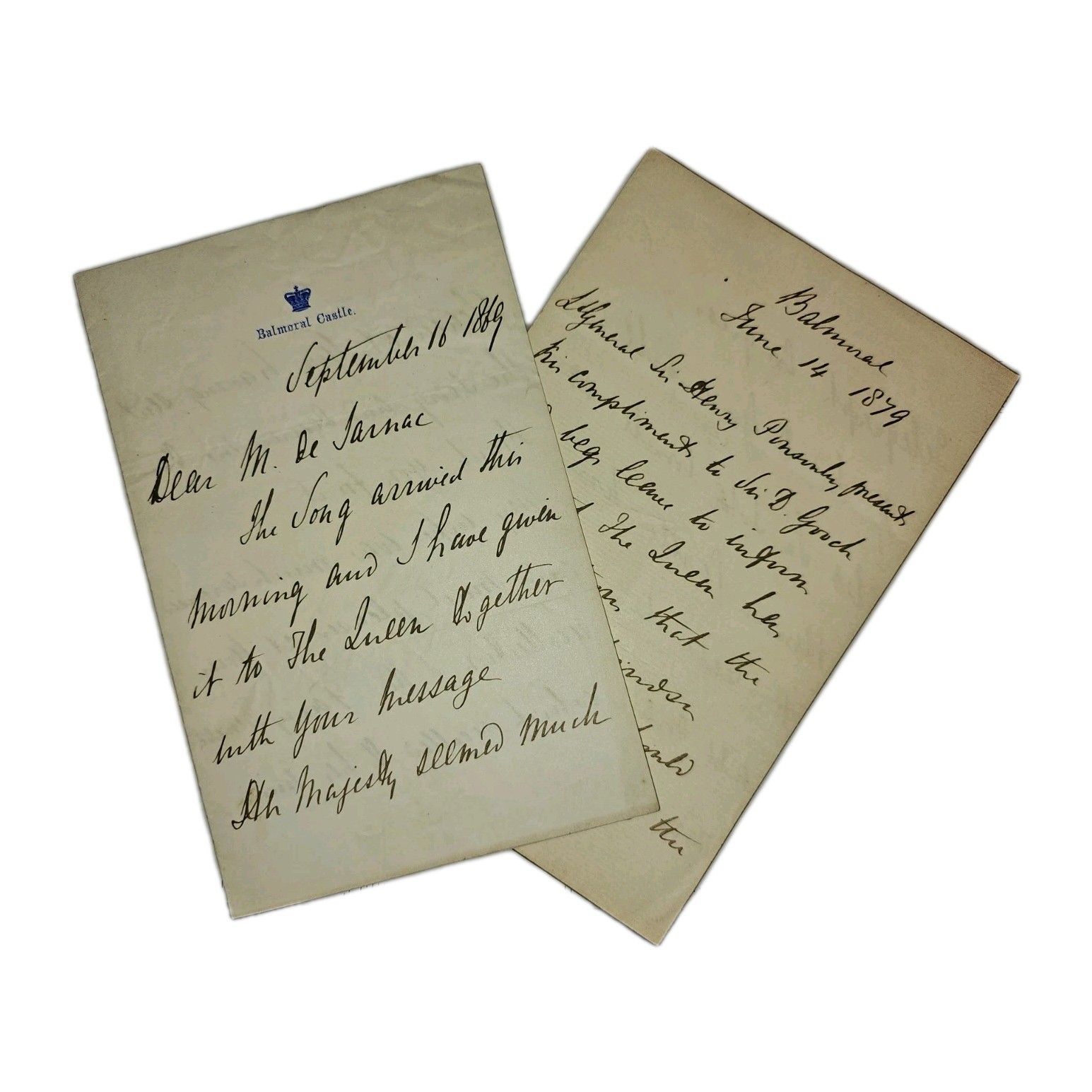 1869–1879 Balmoral Castle ALS by Sir Henry Ponsonby to Sarnac & Sir D. Gooch