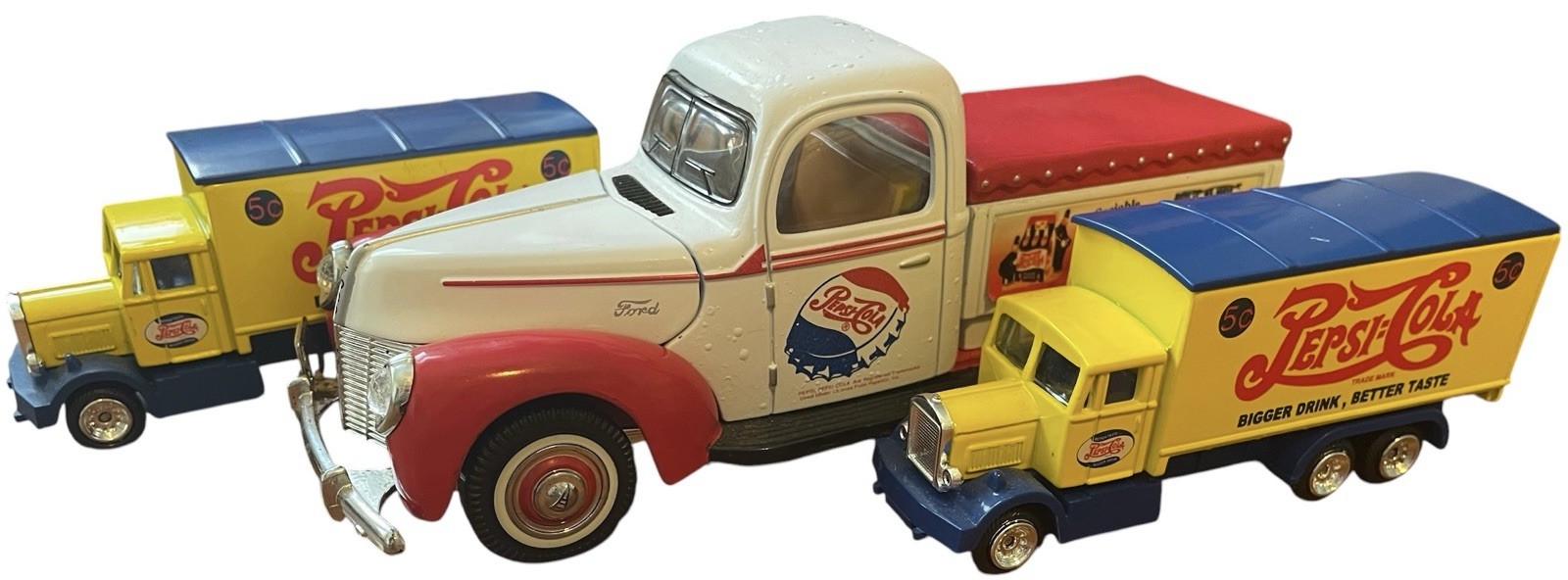 Vintage Pepsi Cola Diecast Truck Set Lot Of 3 Ford Delivery + 2 Box Trucks 