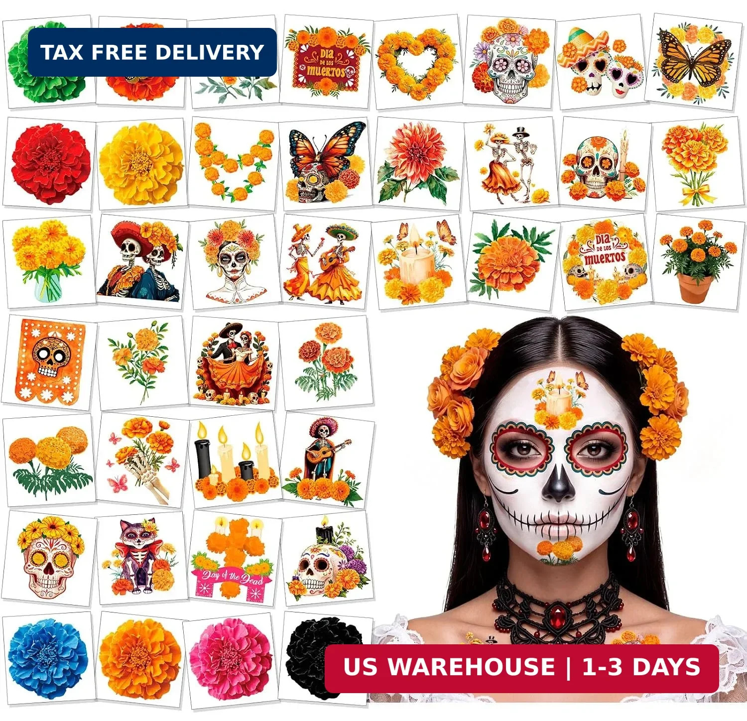 80pcs Marigold Flower Temporary Tattoos, Day of the Dead Floral Tattoos St 80pcs Marigold Flower Temporary Tattoos, Day of the Dead Floral Tattoos St