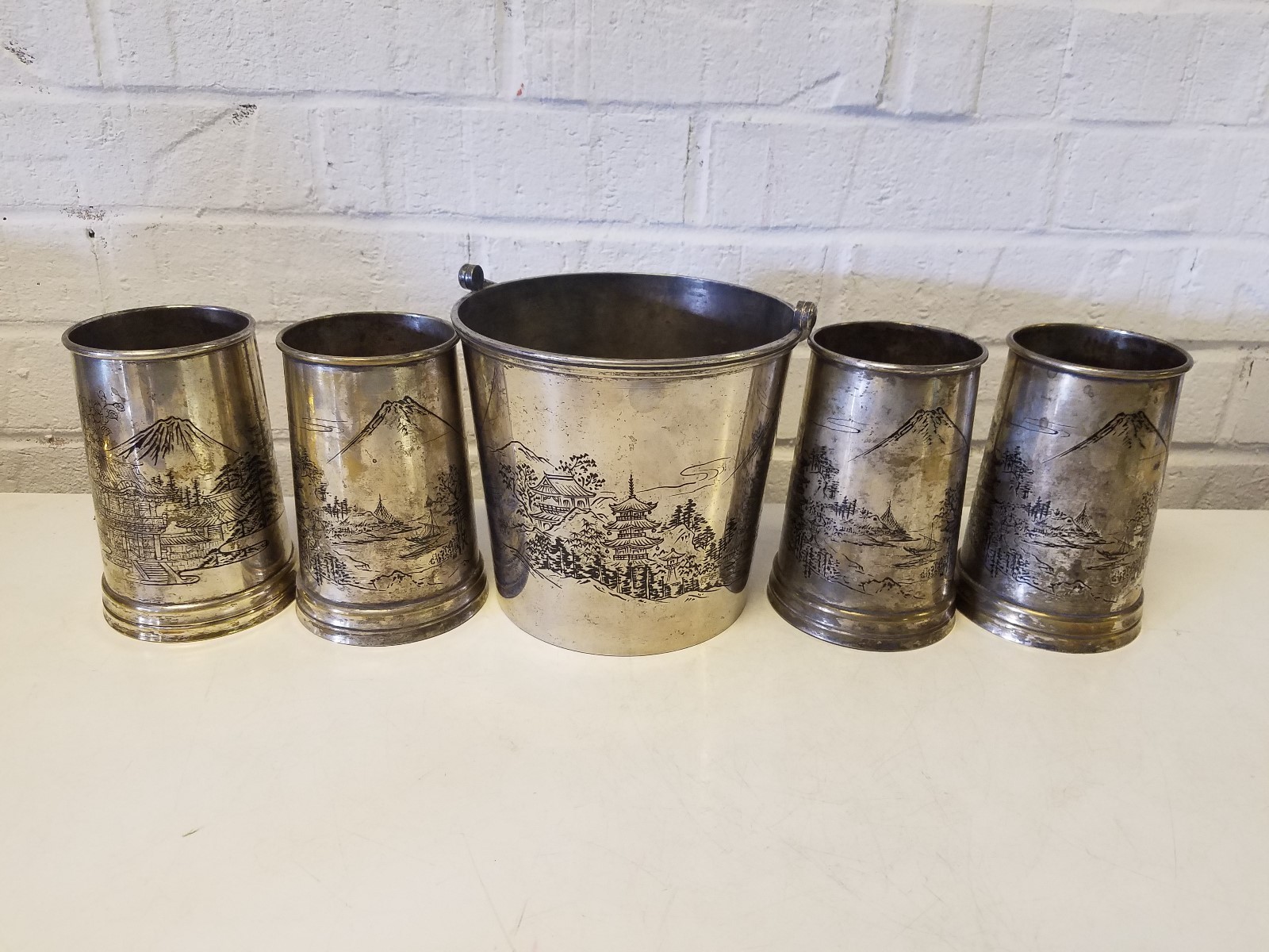 Antique Silver Plated Set of 4 Tankard / Mugs and Bucket w/ Mt. Fuji Dec.