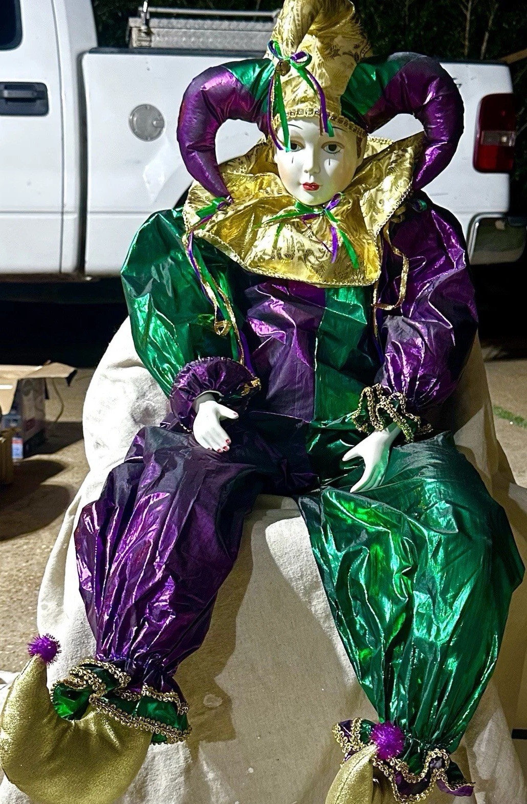 Huge 46” Handmade VTG Mardi Gras Harlequin Jester Doll Porcelain Head Hands N.O.