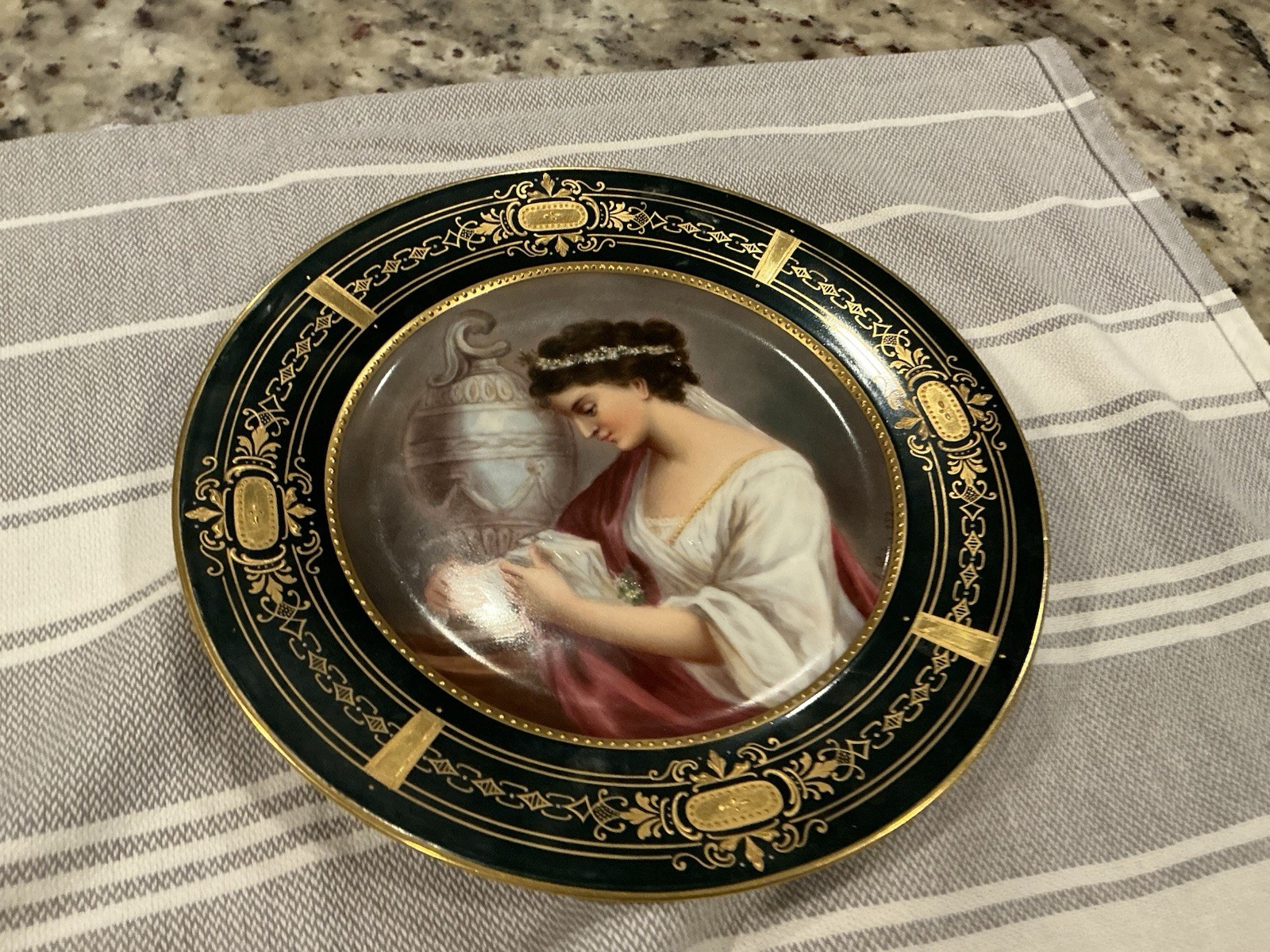 Royal Vienna Style  Porcelain Plate HP Raised Gold Jeweled Signed