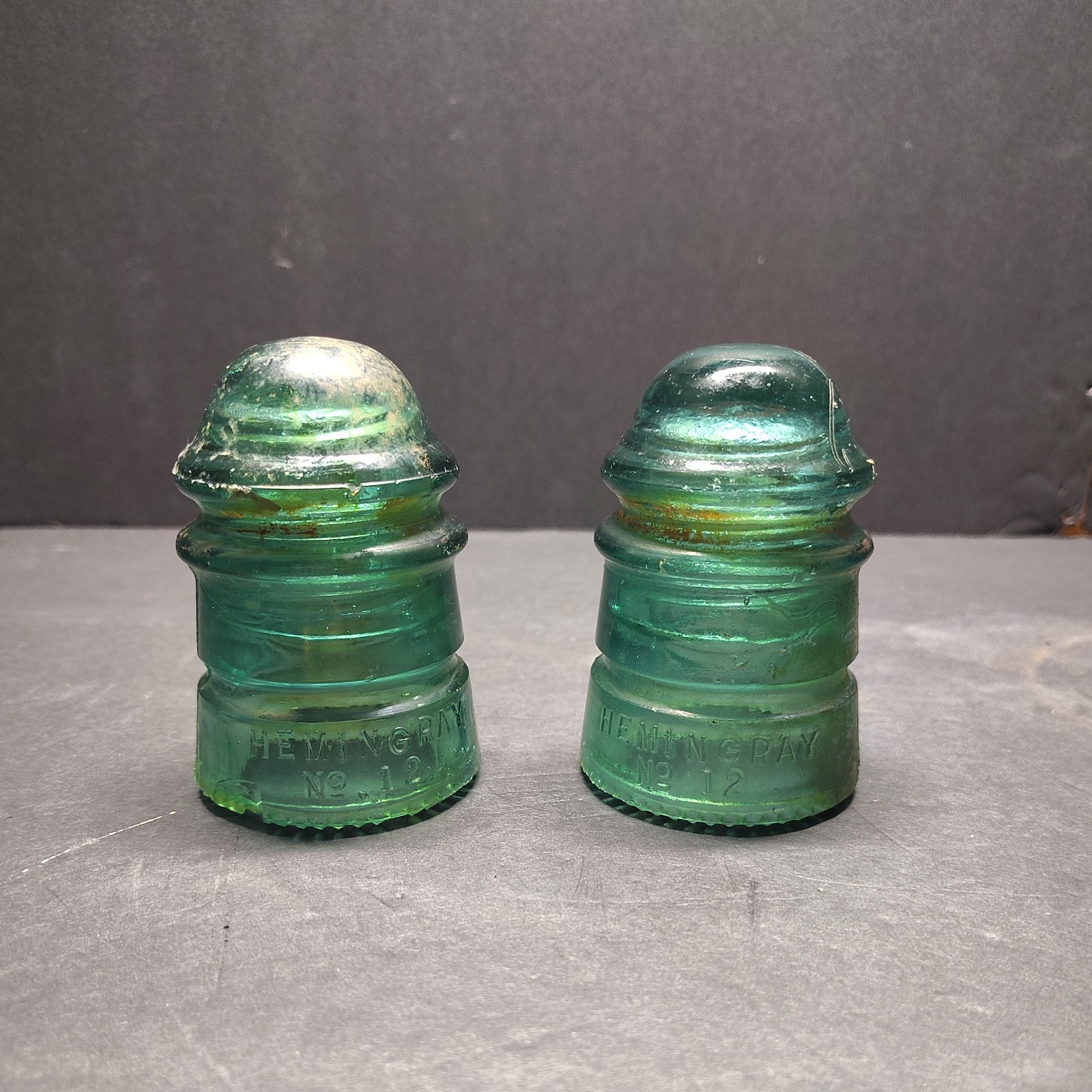 2 Hemingray #12 Blue Glass Insulators Vtg Some Staining 3.5 2 Hemingray #12 Blue Glass Insulators Vtg Some Staining 3.5