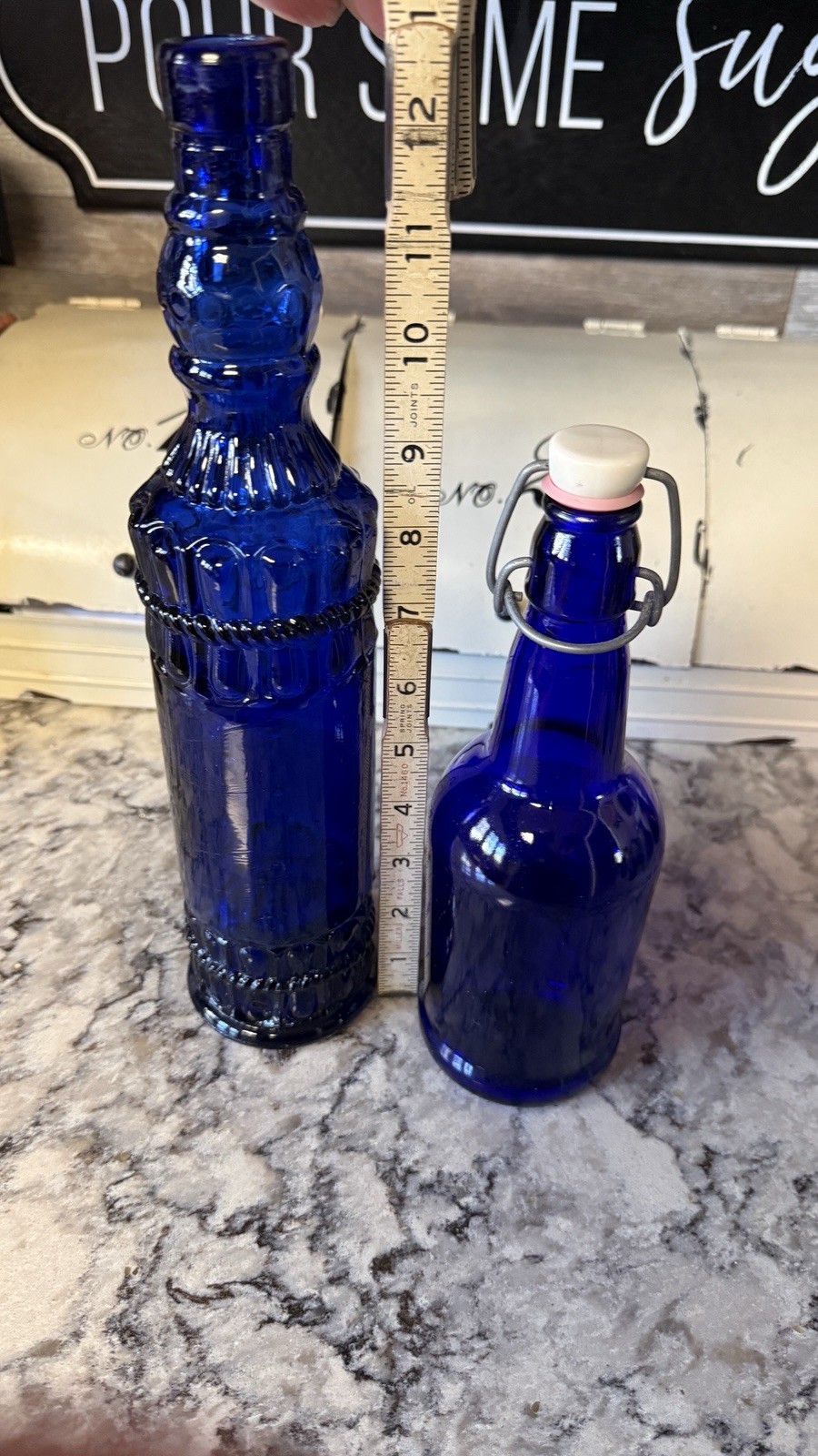 Lot of 2 Cobalt Blue Glass Bottles Ornate Decorative & Swing Top Vintage Style