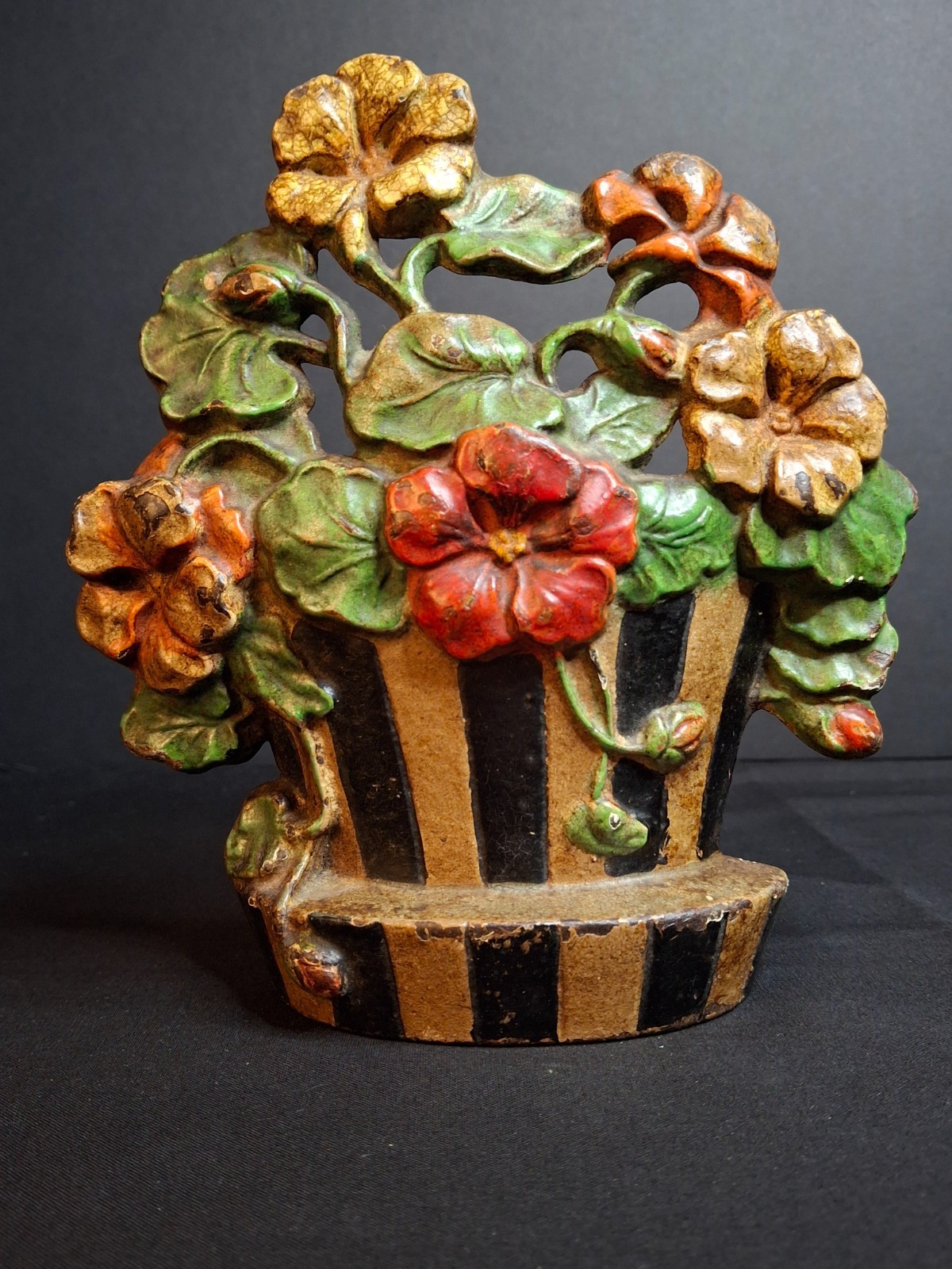 Antique Hubley #221 Cast Iron Nasturtium Flower Pot Doorstop Original Paint 1920