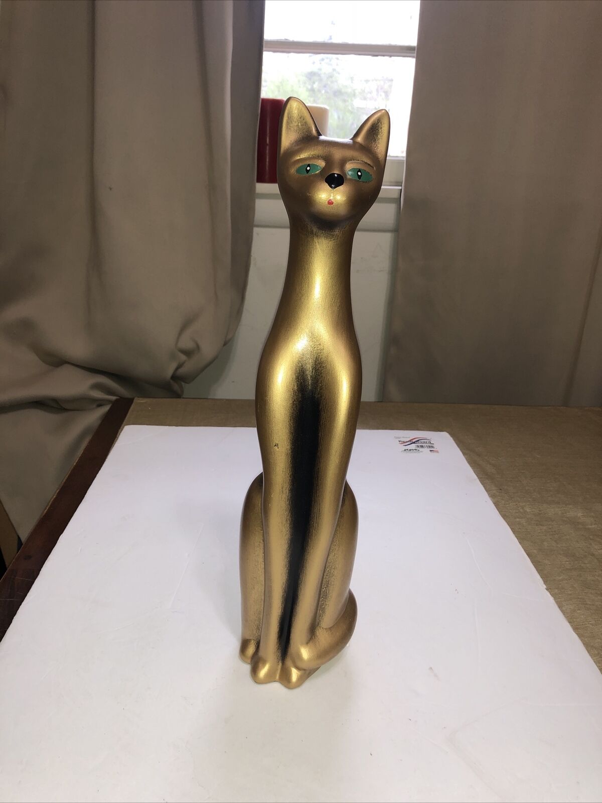 VTG 18”  Siamese Cat Figurine Mid Century  Ceramic Handmade Painted Blue Eyes