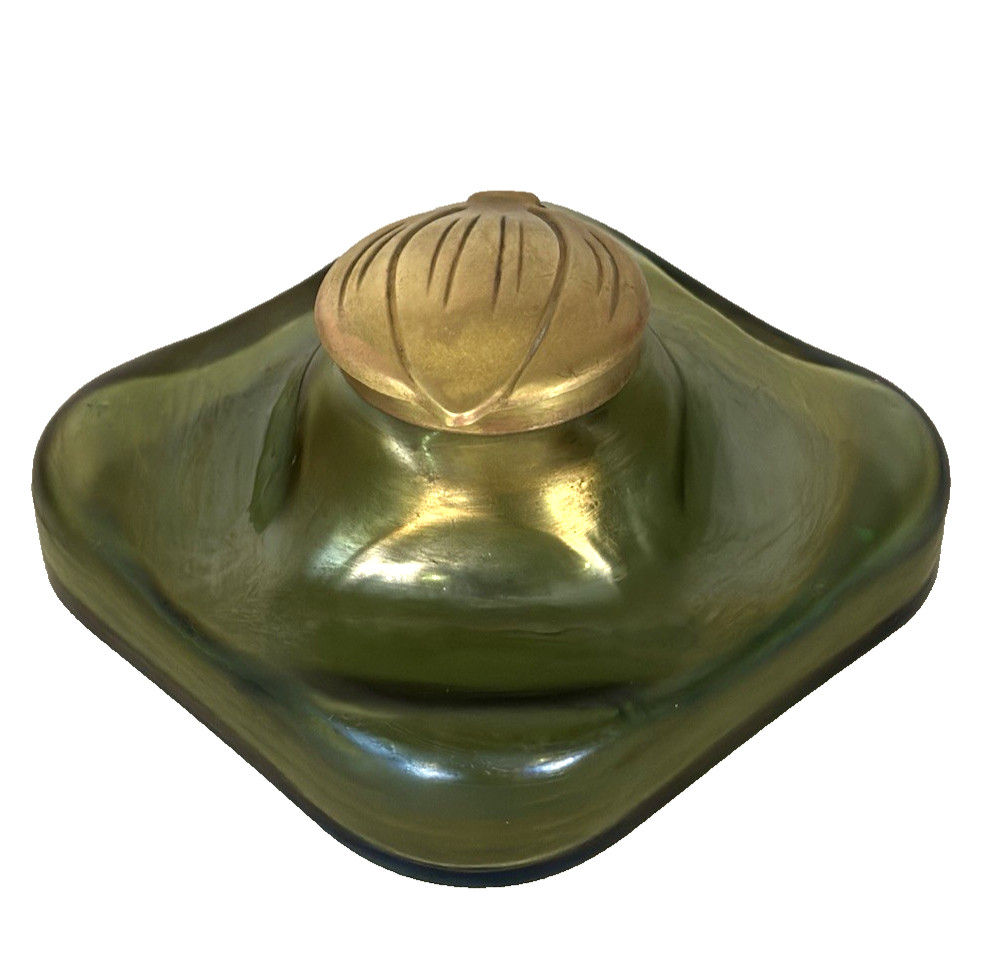 LOETZ ART GLASS IRIDESCENT GREEN INKWELL WITH HINGED BRASS LID CA.1900