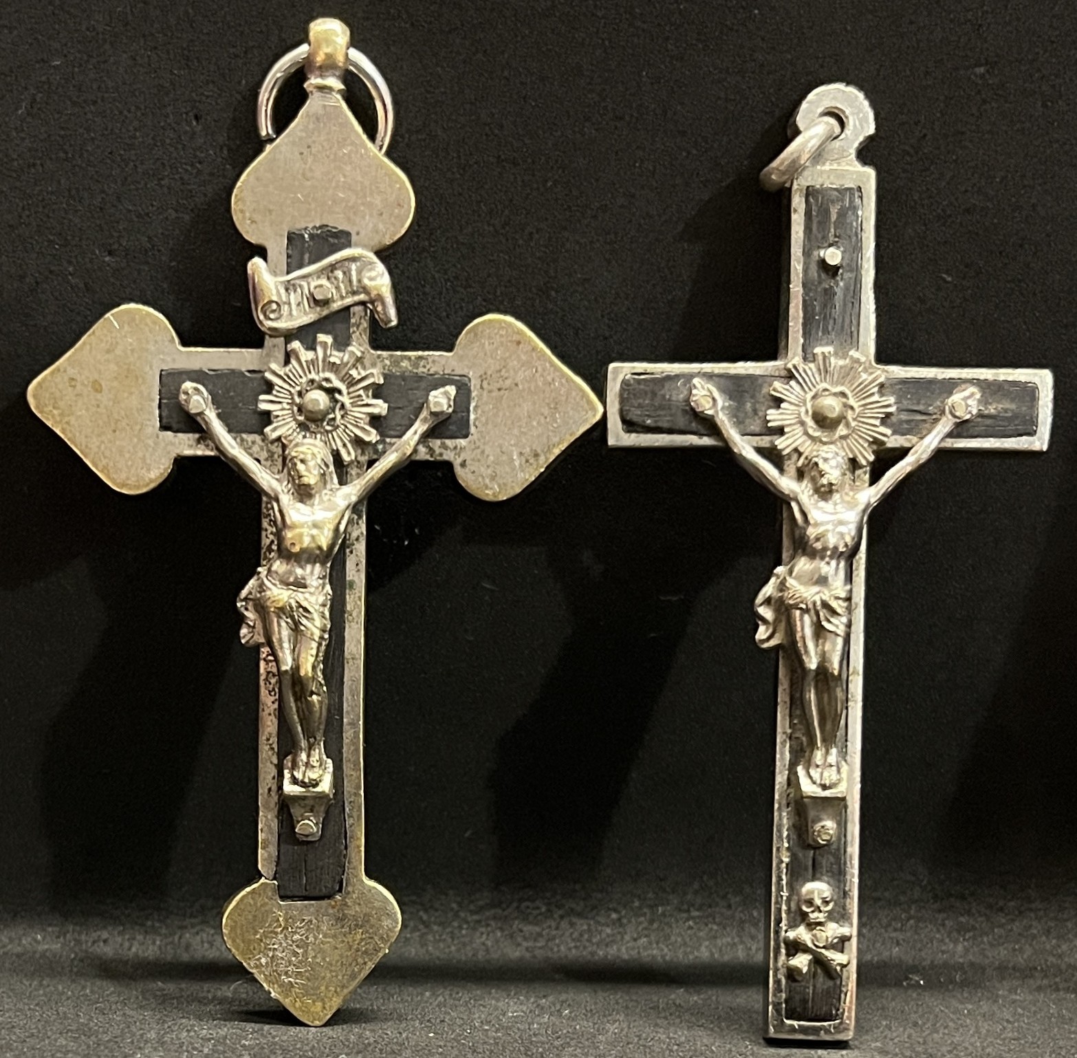 Italy 1930´ old lot x2 Cross Crucifix Jesus Christ ebony inlay catholic pieces