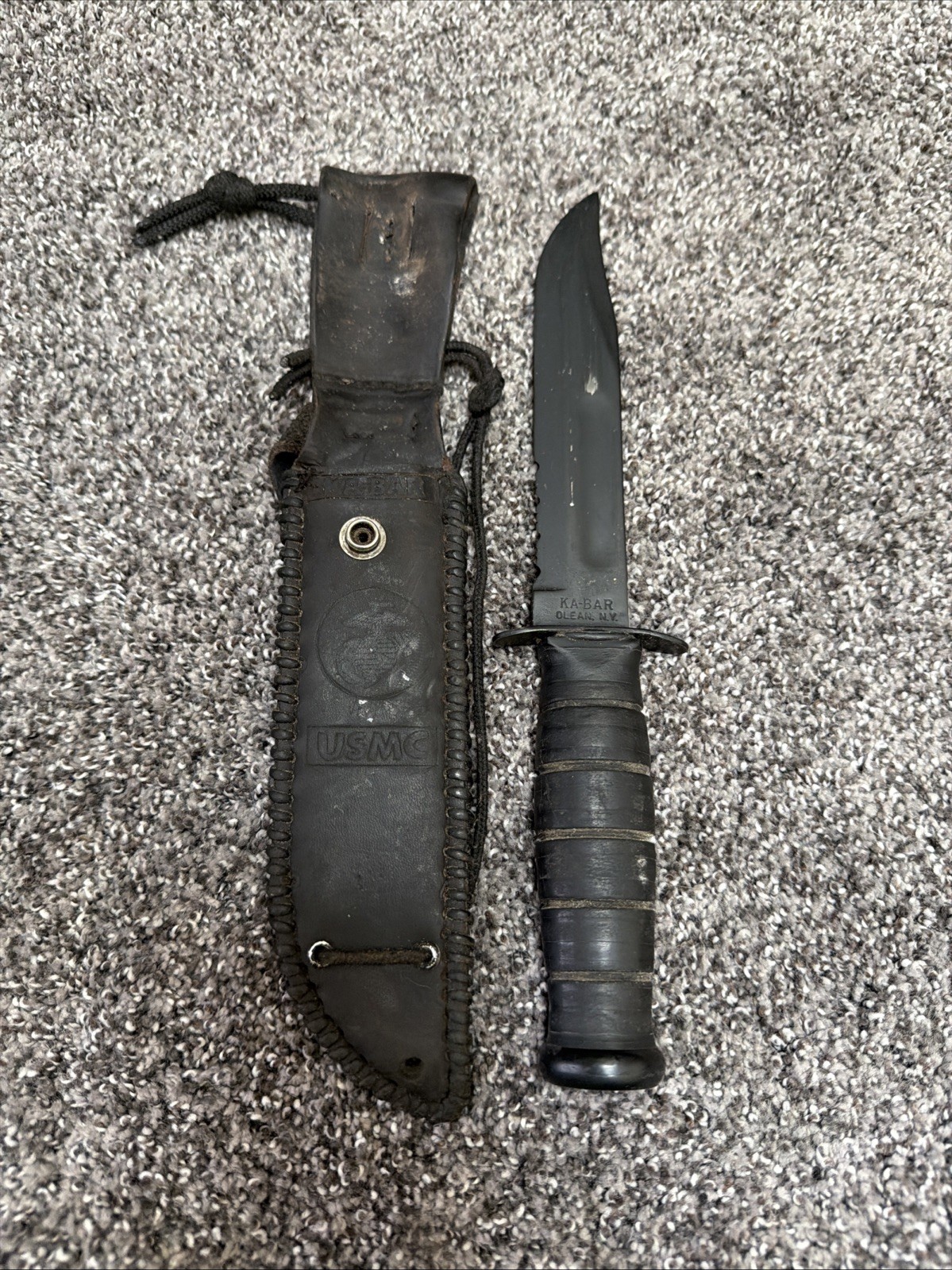 Vintage KA-BAR USMC Fixed Blade Fighting Knife Olean New York Marines w/Sheath