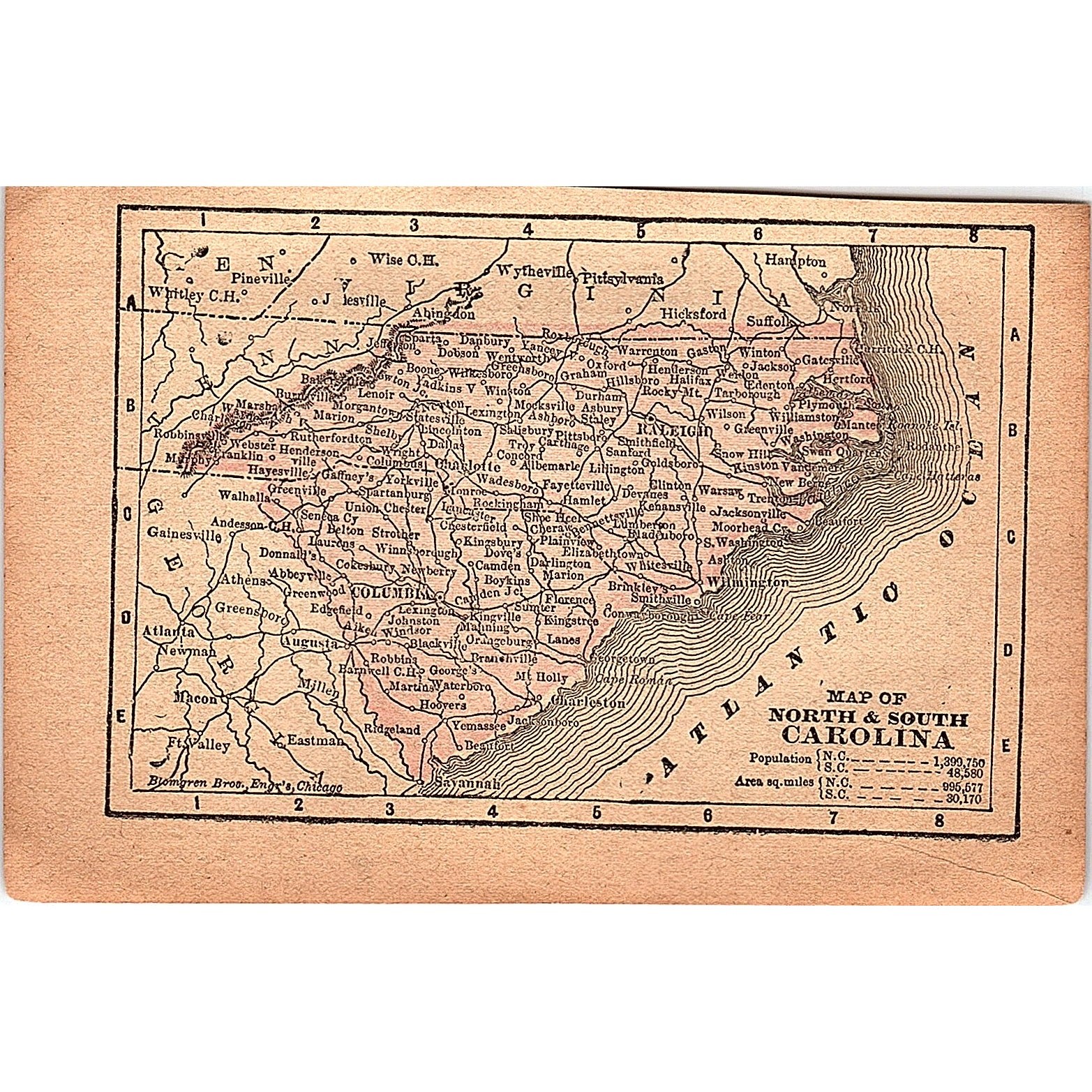 Antique 1889 Map of North and South Carolina 1889 Pocket Map Engraving SAG4-H3