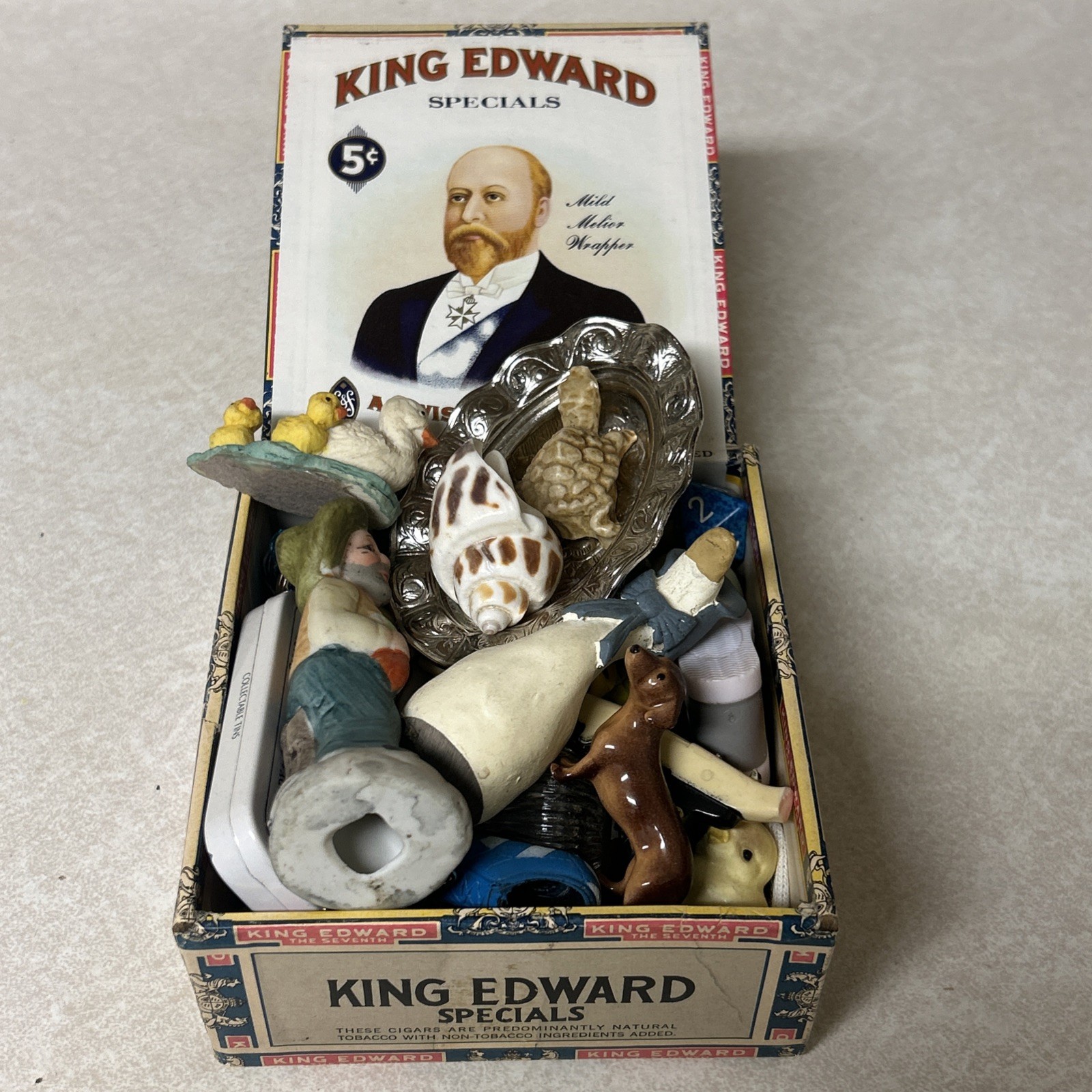 Vintage to now Junk Drawer Lot Cigar Box Dice Figurines And More Look 👀