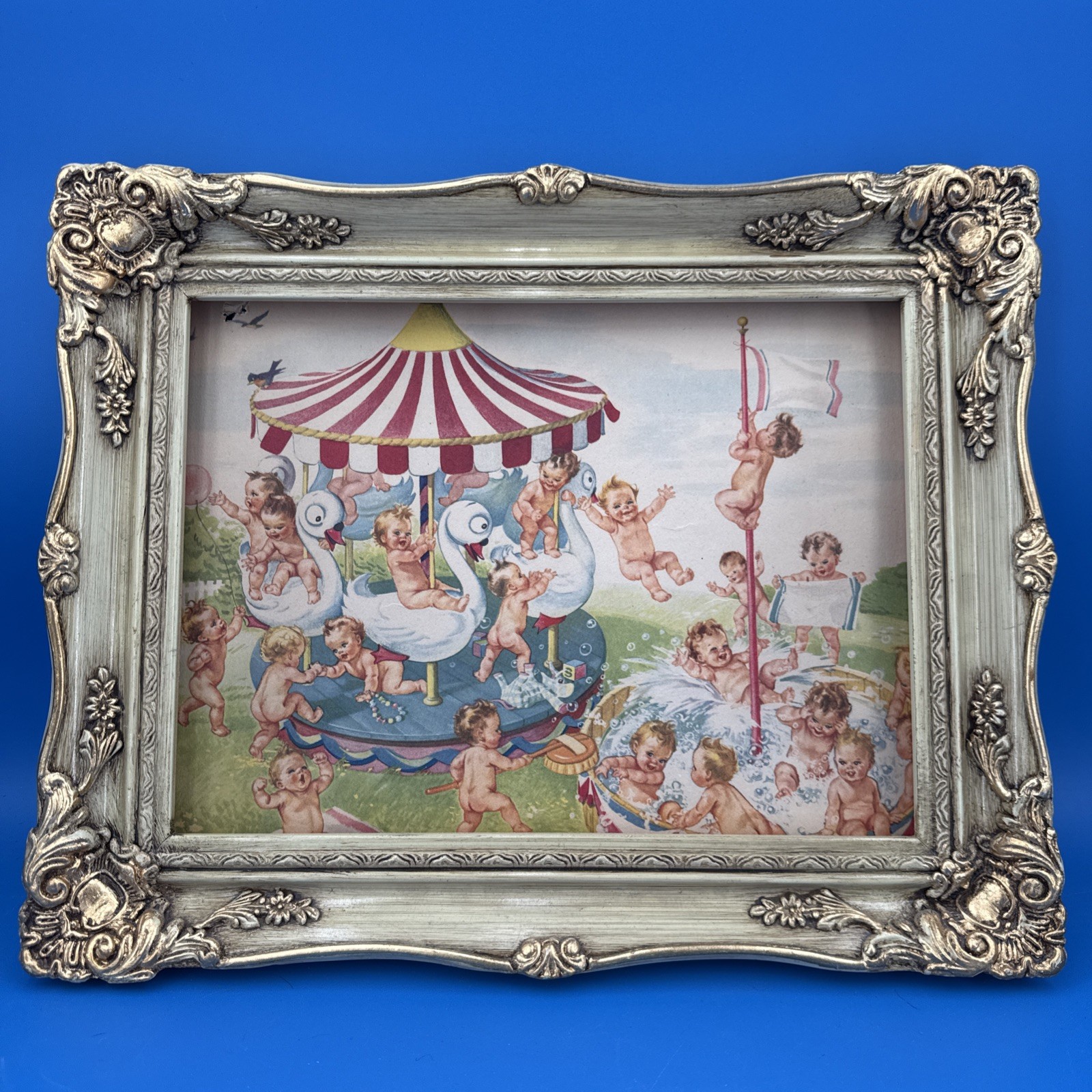 Vtg Swan Soap Babies Playing 1940's Ornate Gilt Gold Wood Framed Advertising