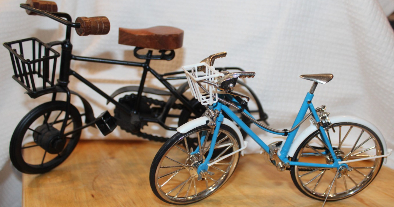 Two Collectible Miniature Tabletop Bicycles with Baskets