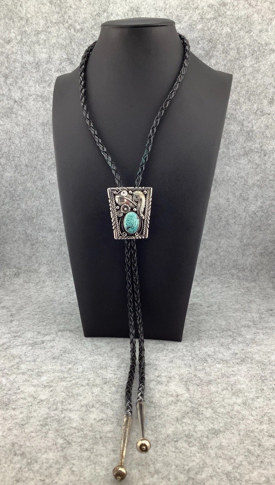 💎 SIGNED GW NATIVE AMERICAN NAVAJO STERLING SILVER & TURQUOISE BOLO TIE 38g