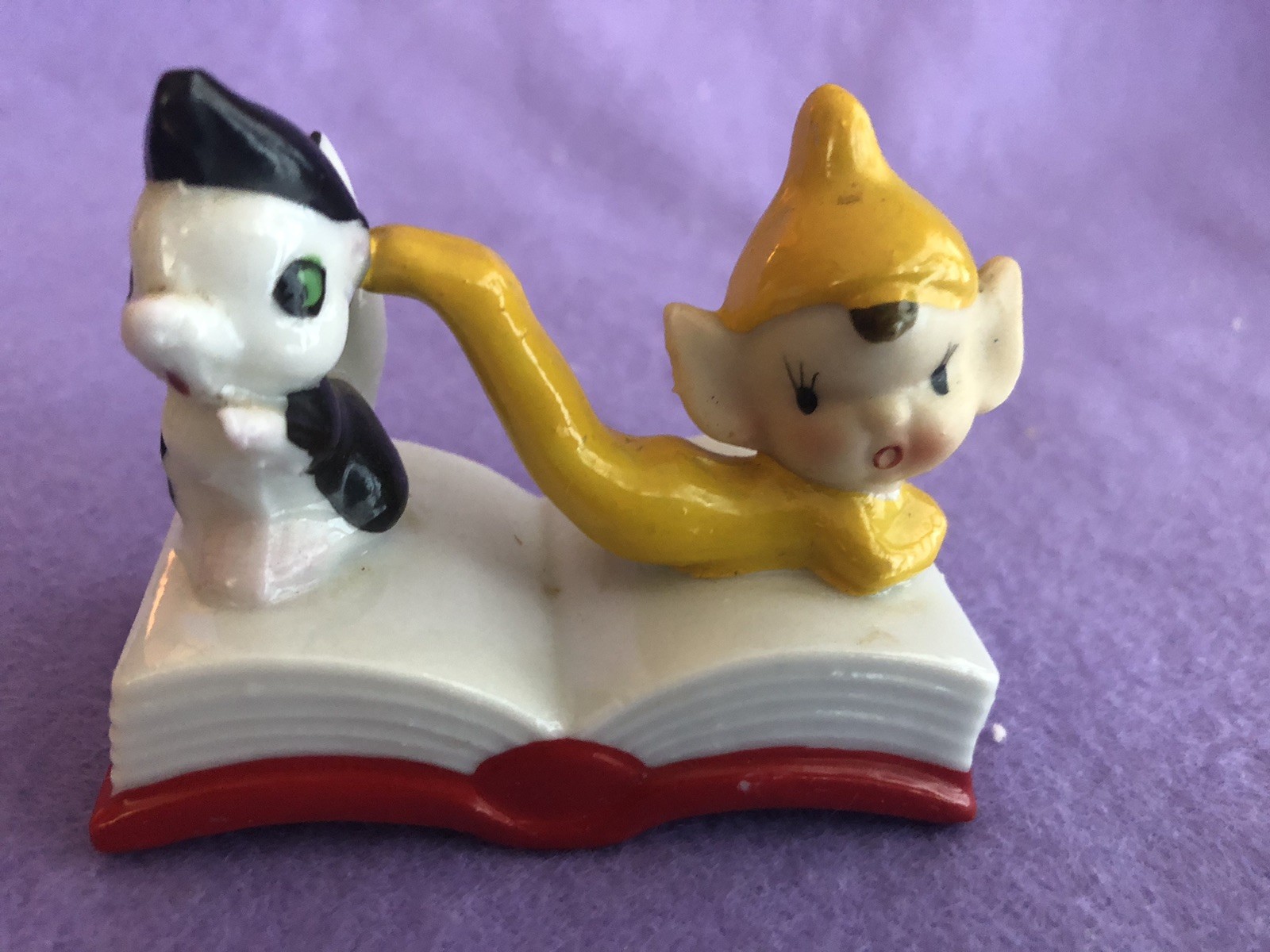 Rare Pixie Elf On Book W Skunk Ceramic Japan Vintage