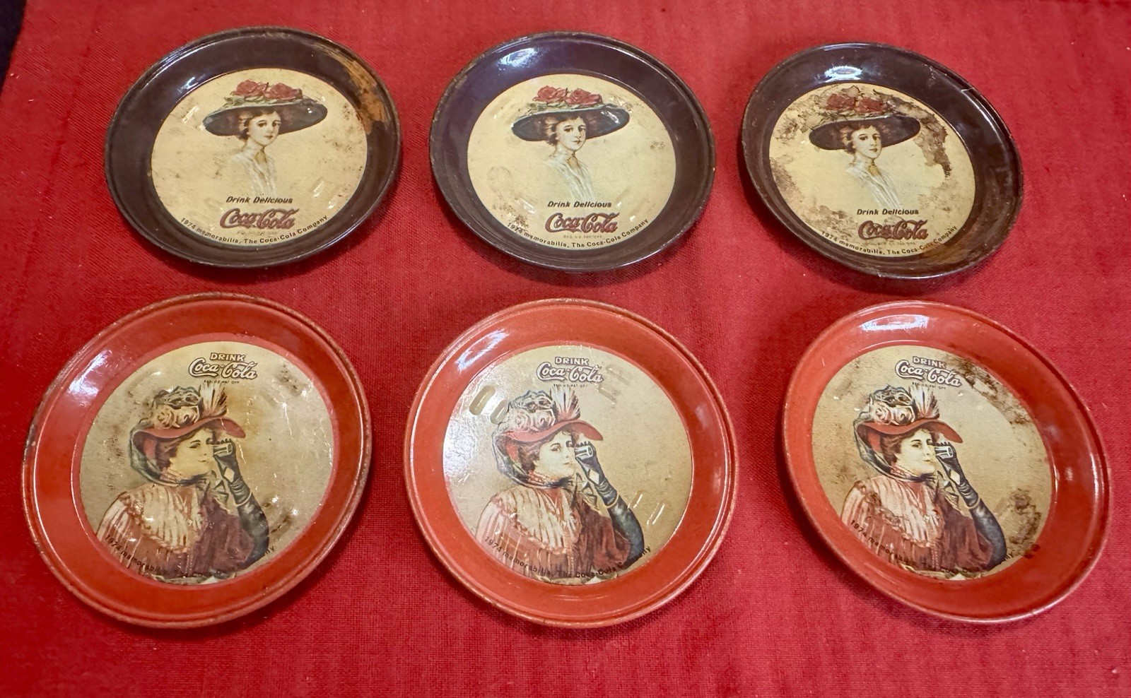 Vintage 1974 Coca-Cola Metal Coasters / Small Tip Trays - Set of 6