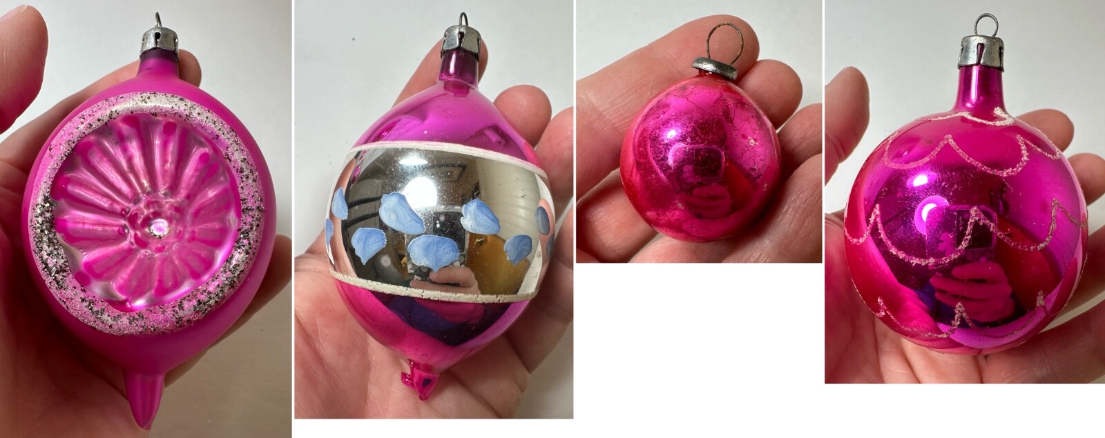 Lot 4 Vintage MCM Hot Pink Fuchsia Indent Teardrop Bulb Glass Ornament Poland