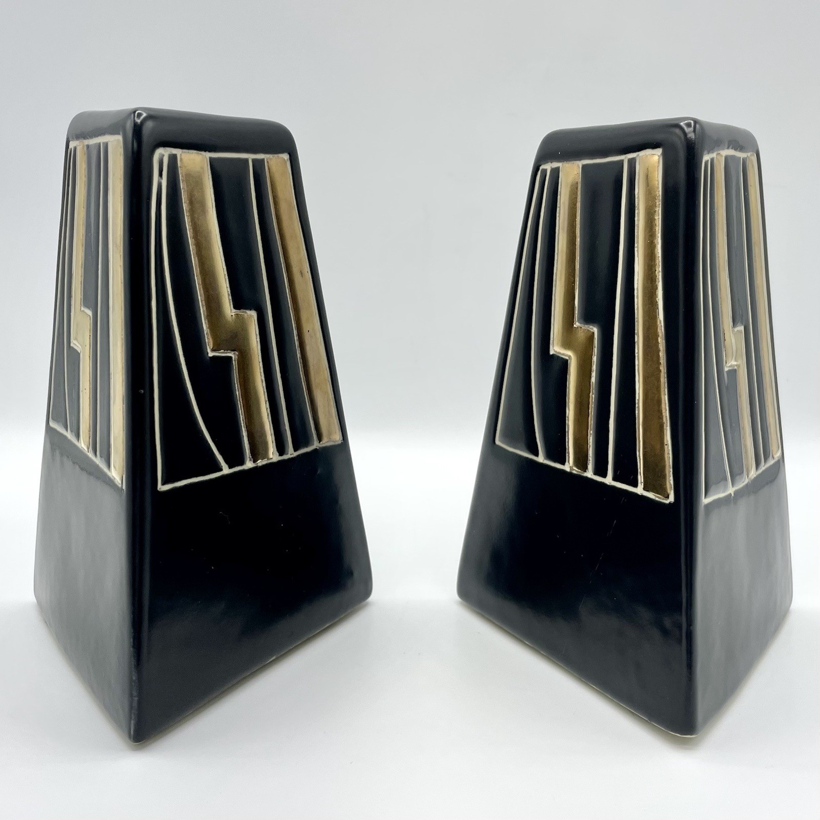 Harris Potteries Art Deco Lightning Motif Black & Gilt Sculptural Candle Holders