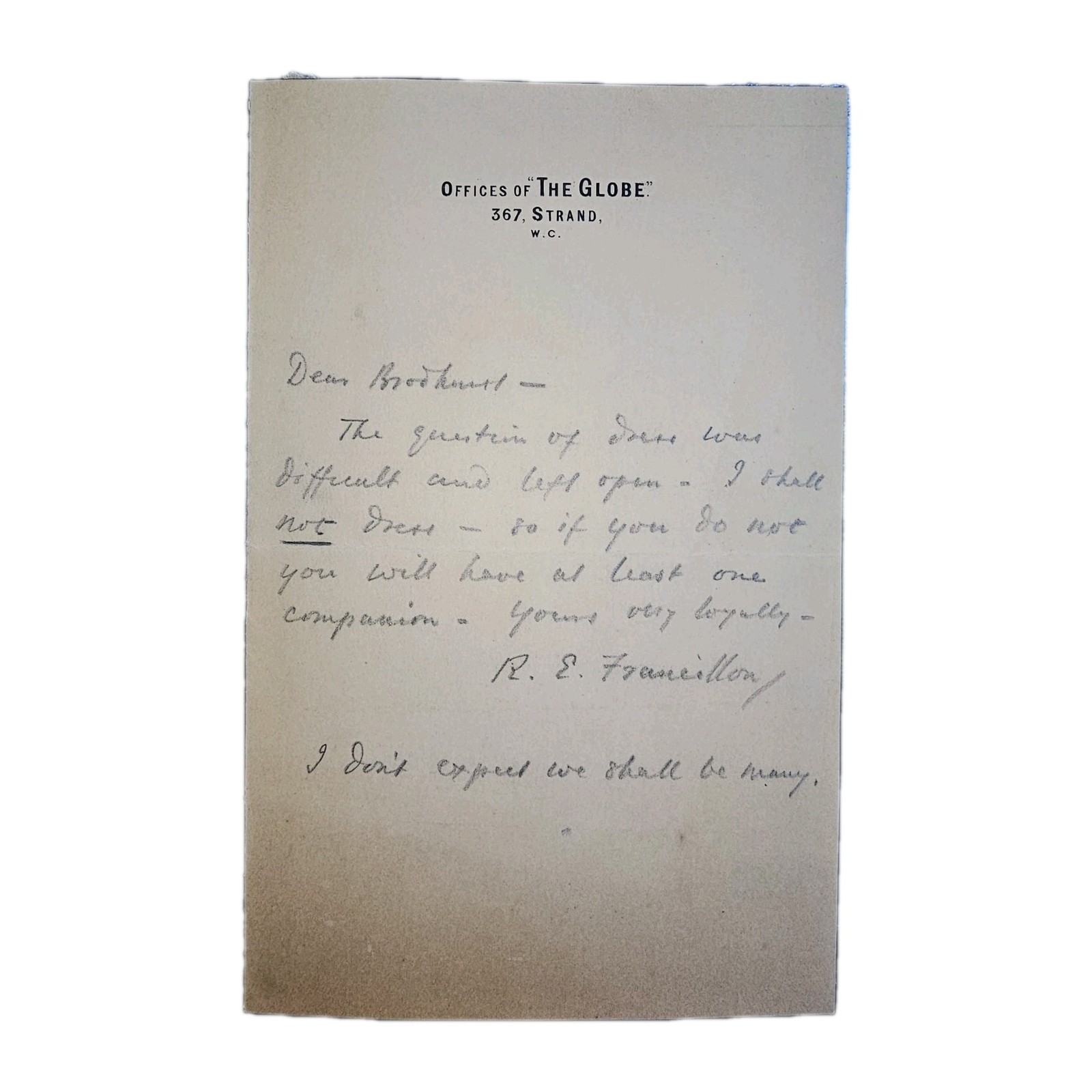 c.1888–1894 R.E. Francillon ALS on The Globe Letterhead to J. Penderel-Brodhurst
