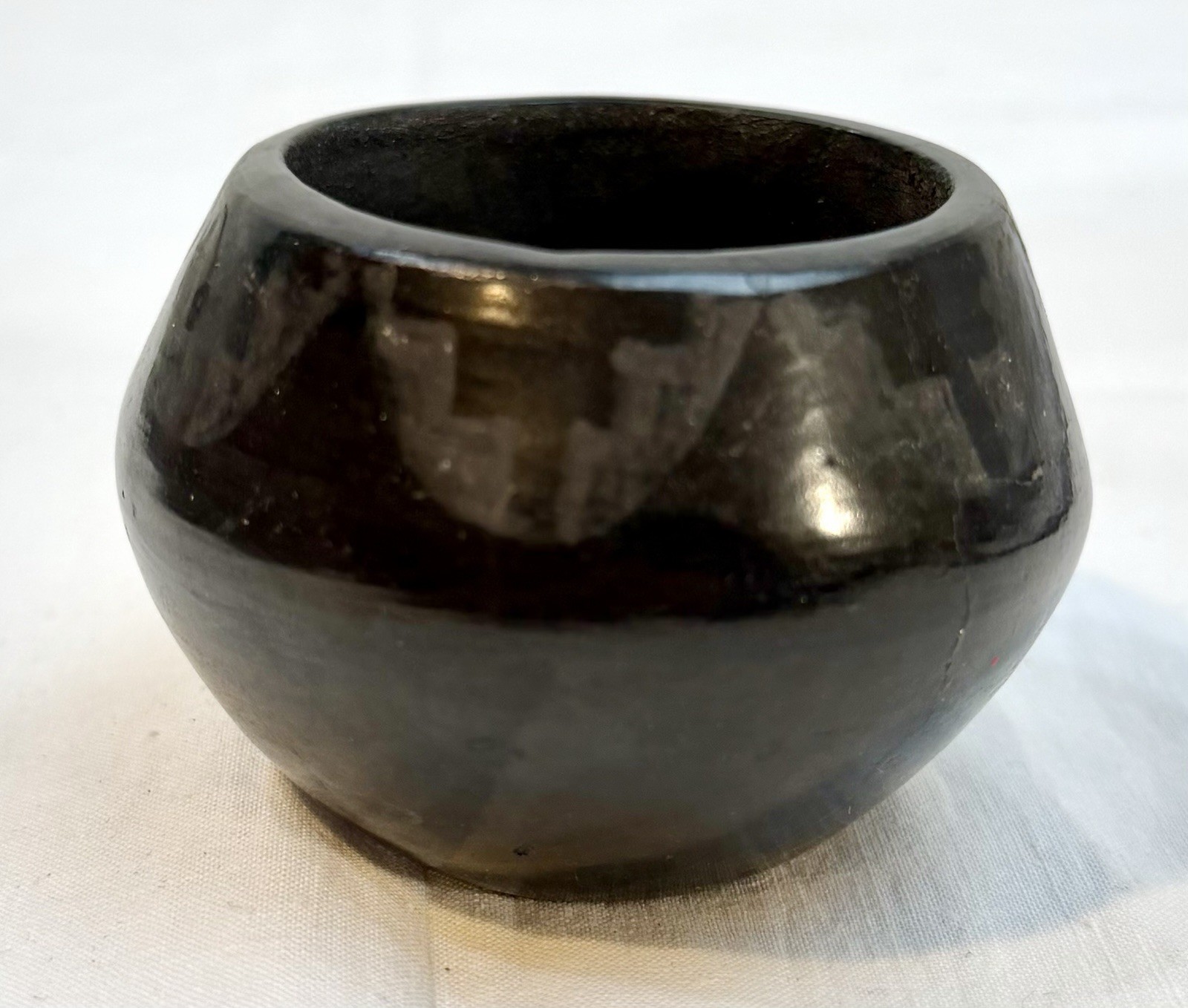 Antique Santa Clara Blackware Clay Bowl Native American Matte Geometric 1920s 3”