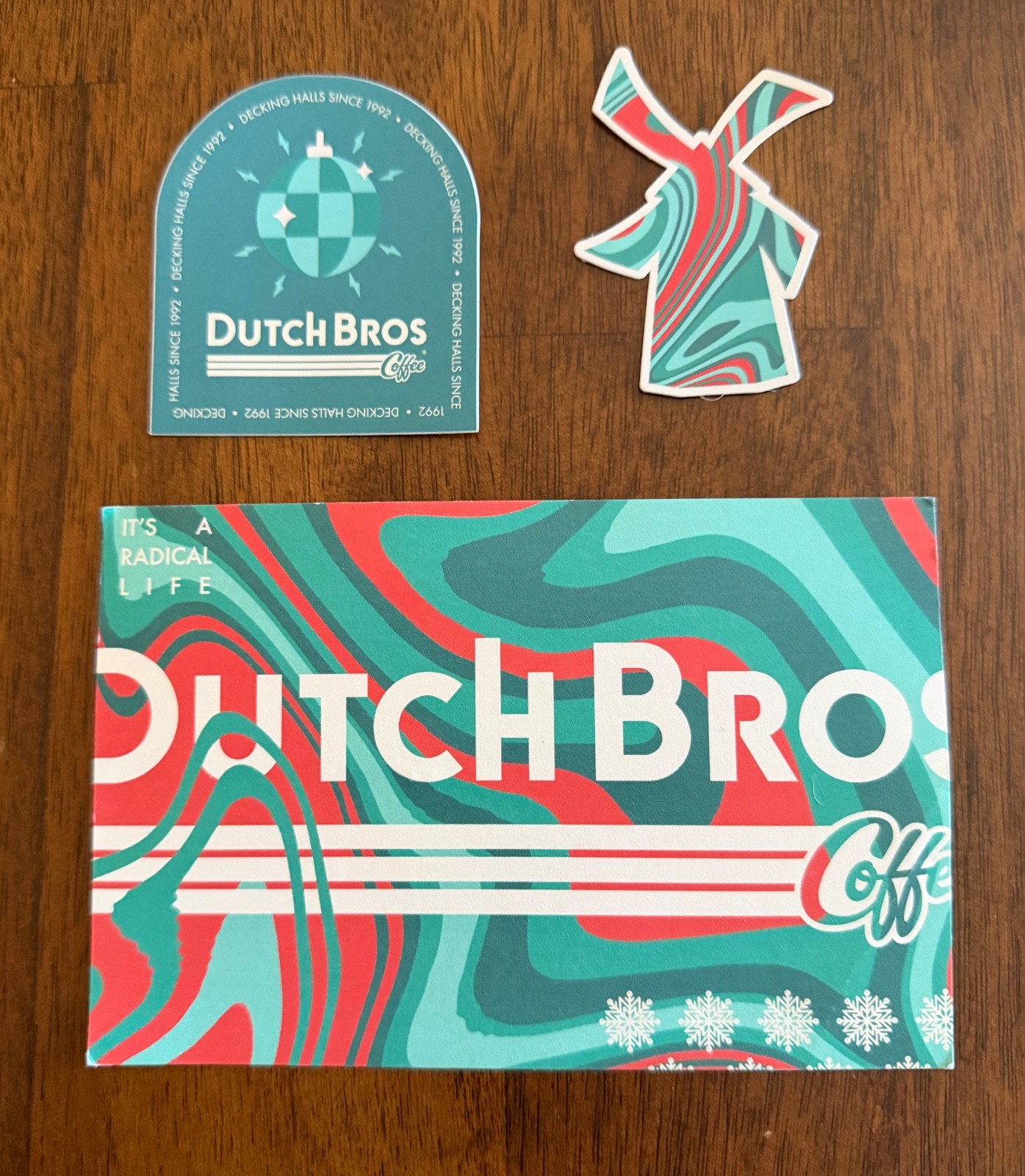 Rare Dutch Bros Winter Wonderland Windmill Postcard and Stickers