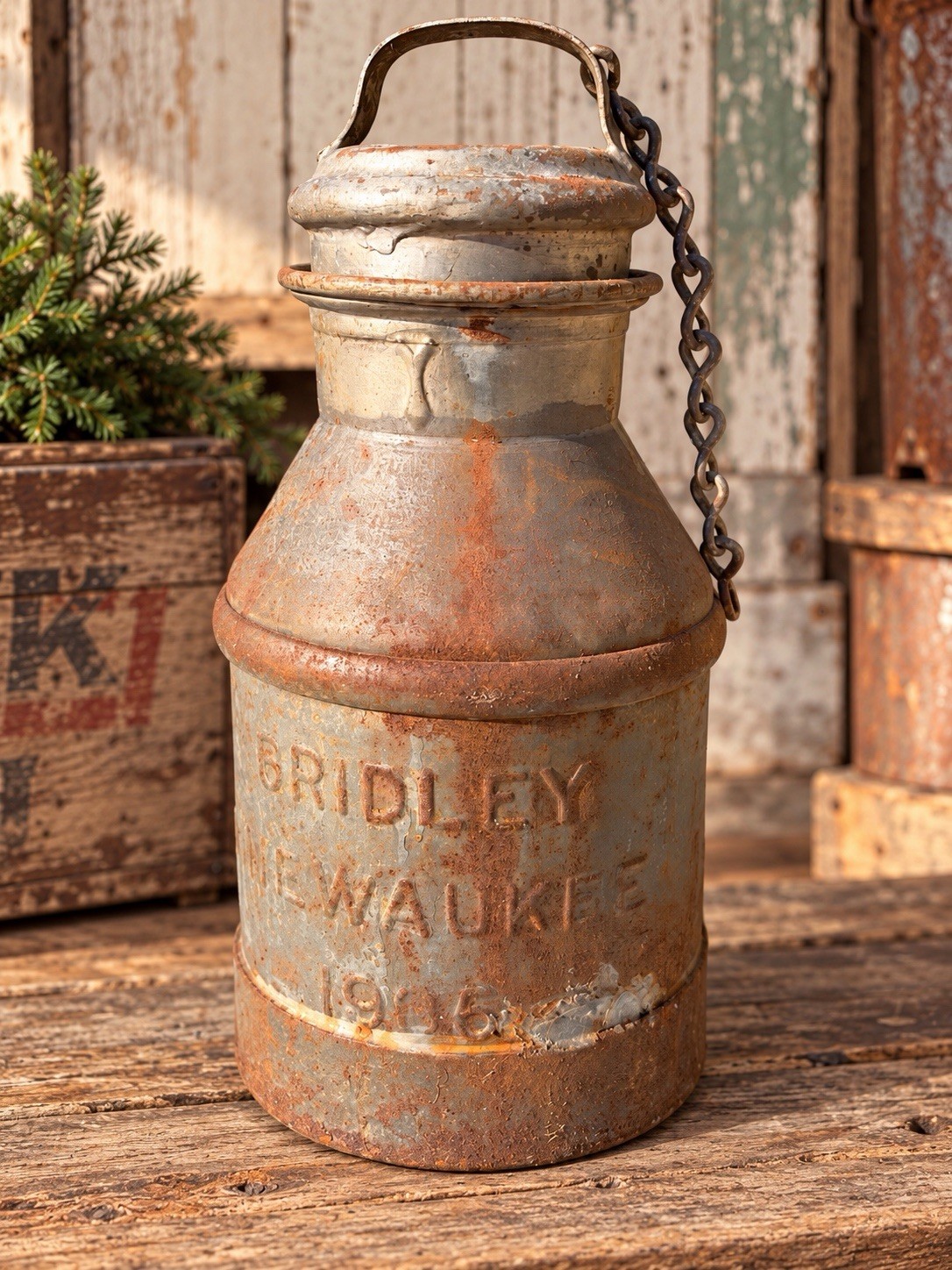 Antique Vintage Small Metal Milk Can with Lid And Handle 1936 Milwaukee Dairy